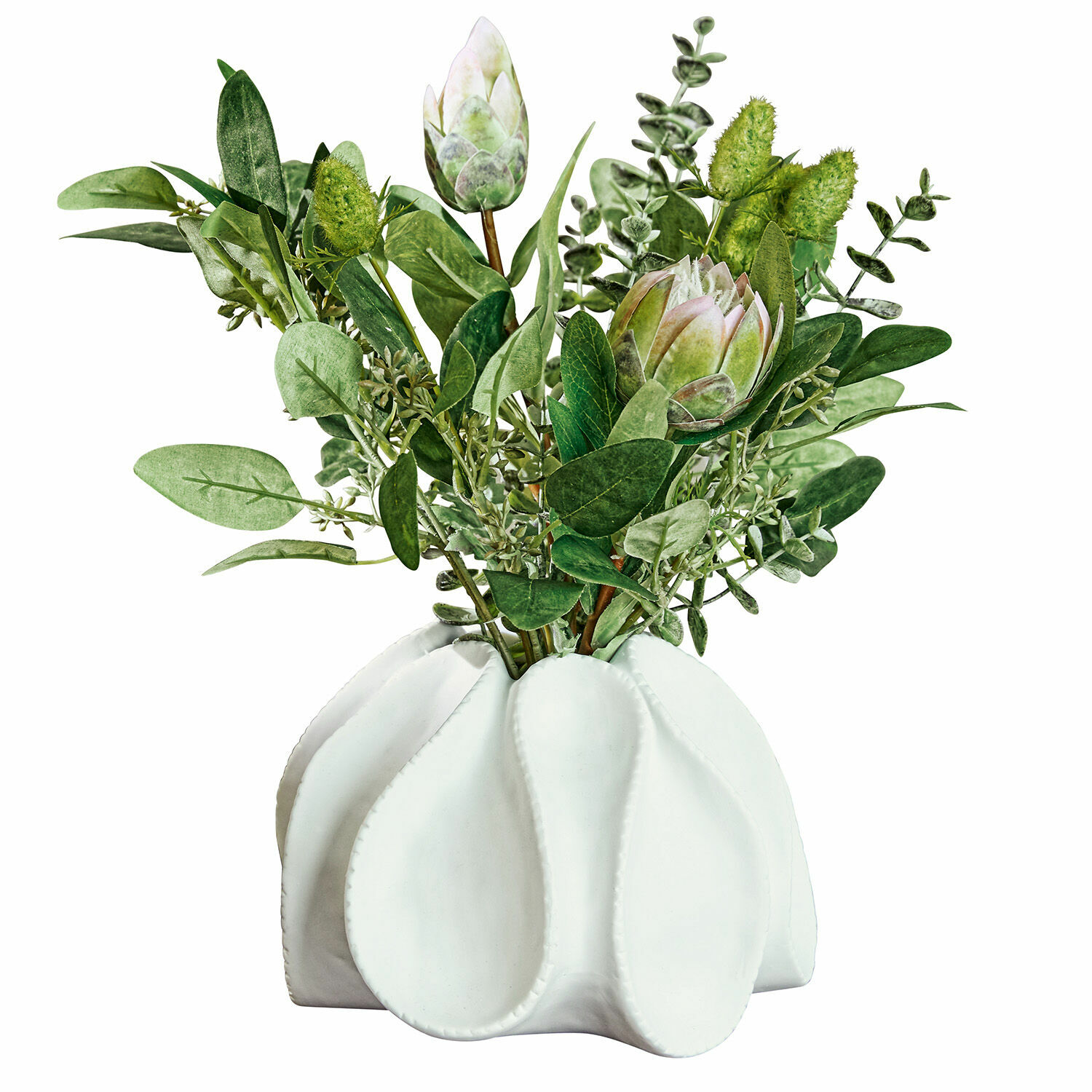 Siervaas Dollon Witte keramische vaas met groene bladeren en decoratieve bloemen voor interieur