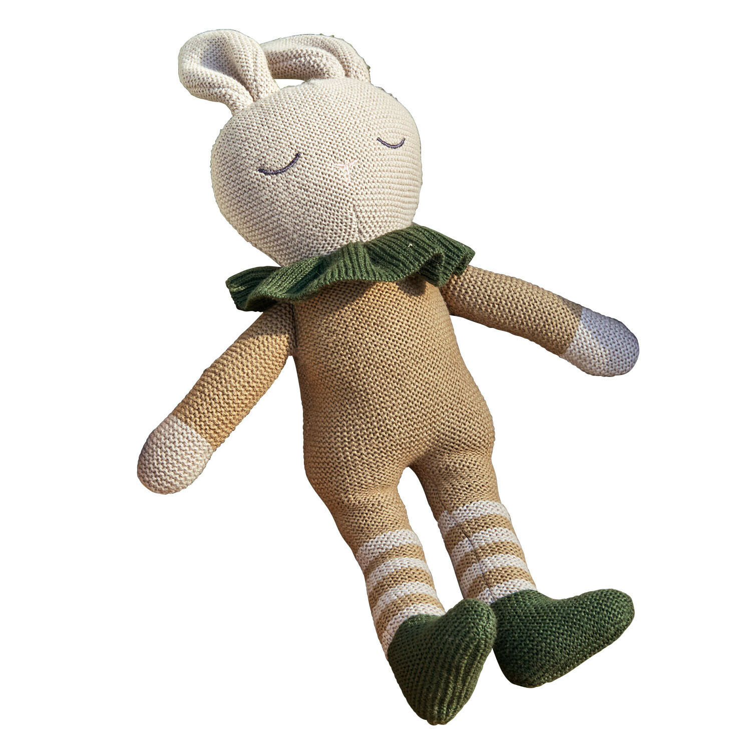 Knuffeltje Cuddlecloud Zachte gebreide konijnenknuffel in beige en groen, knuffelspeelgoed voor kinderen