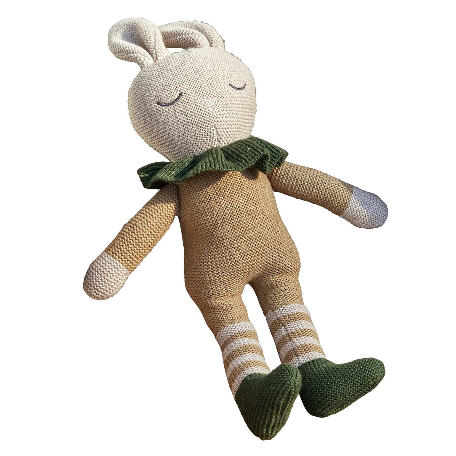 Knuffeltje Cuddlecloud Zachte gebreide konijnenknuffel in beige en groen, knuffelspeelgoed voor kinderen