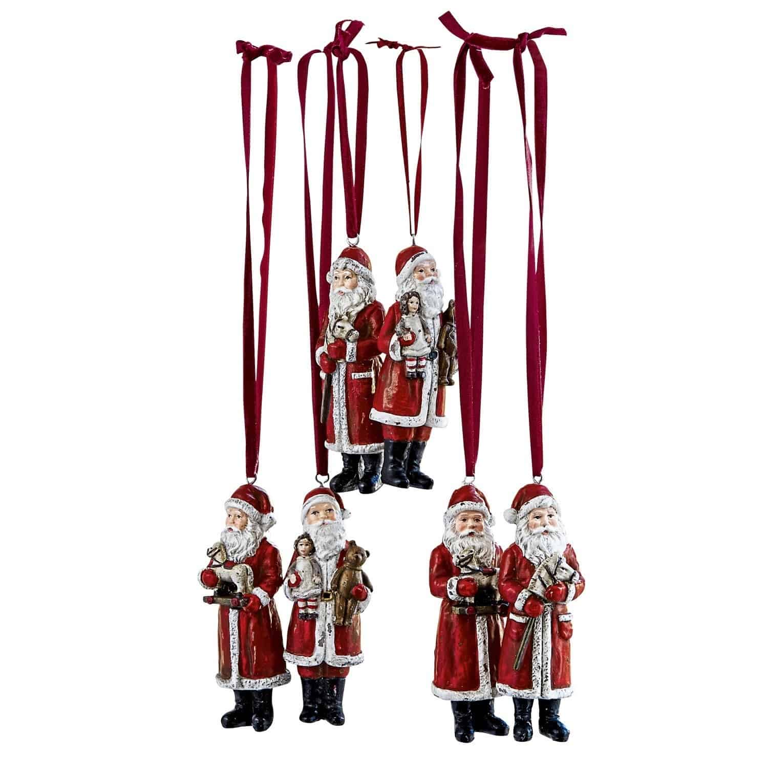 Kerstman set van 6 Corvin Set rode kerstmanversieringen van materiaal met linten om op te hangen