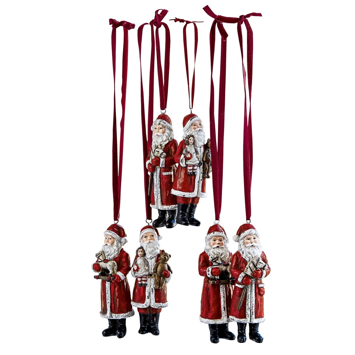 Kerstman set van 6 Corvin Set rode kerstmanversieringen van materiaal met linten om op te hangen