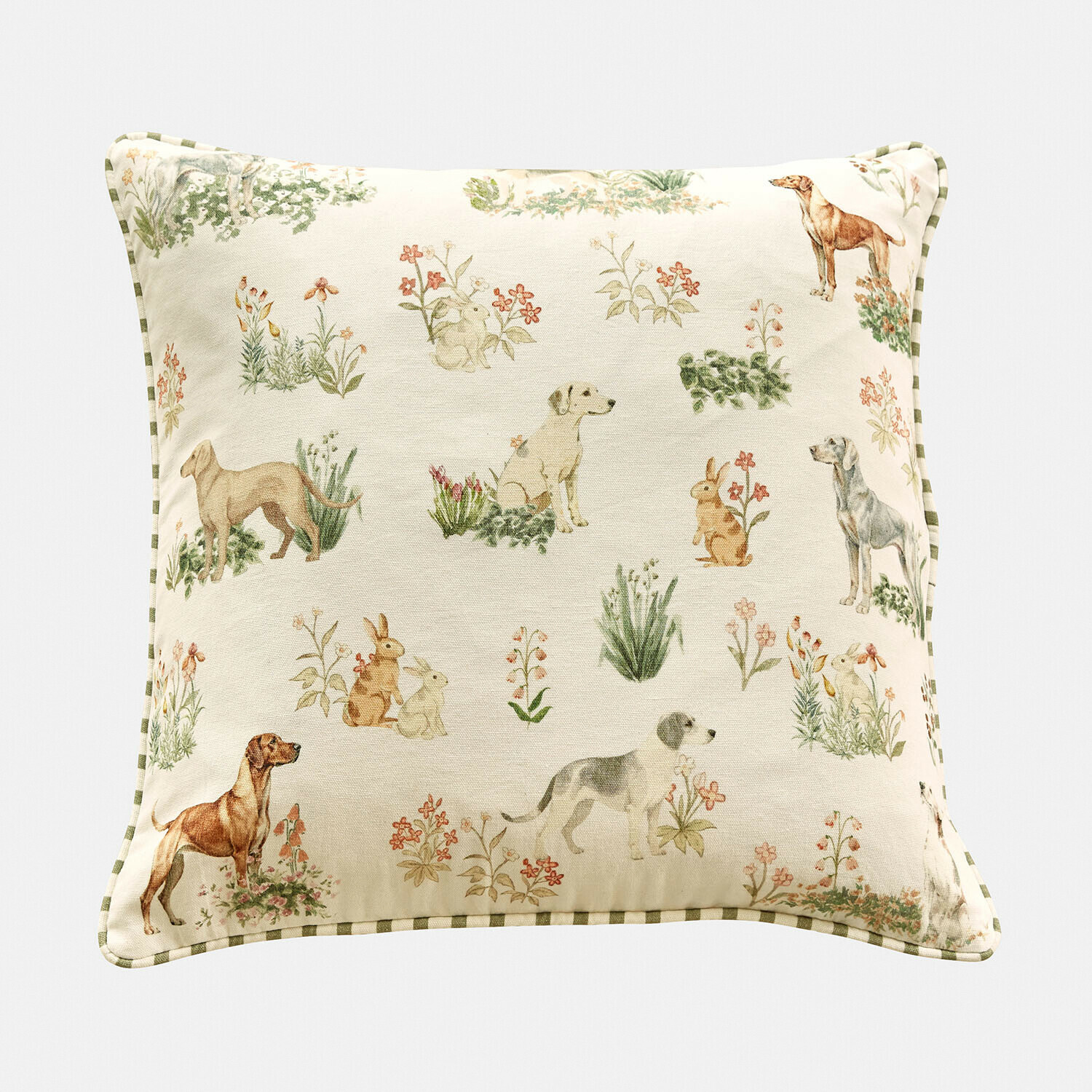 Kussenhoes Stubsi Decoratief katoenen kussen in crème met print van honden, konijnen en bloemen voor woonkamer