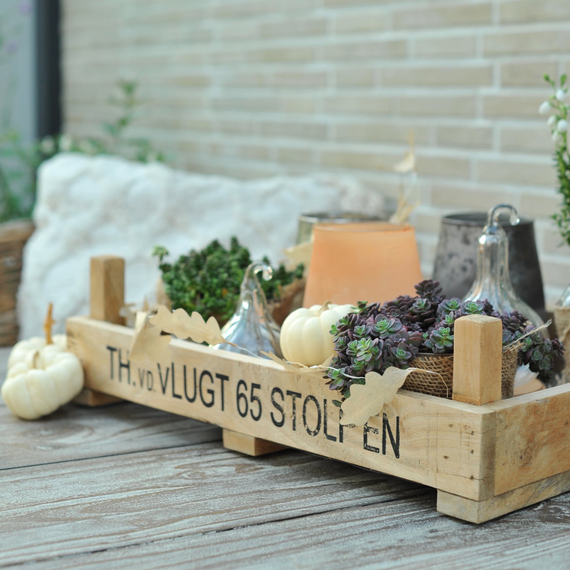 Houten dienblad met vetplanten, witte pompoenen en kaarsen voor herfstdecoratie binnenshuis