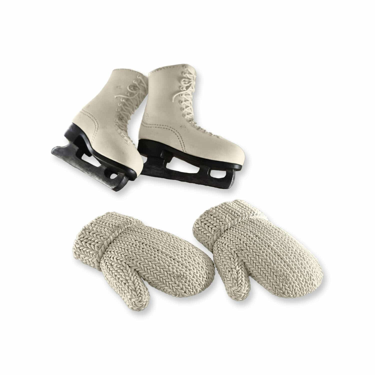 Hanger set van 4 Collines Witte leren schaatsen met beige gebreide wanten, winteraccessoires voor schaatsen