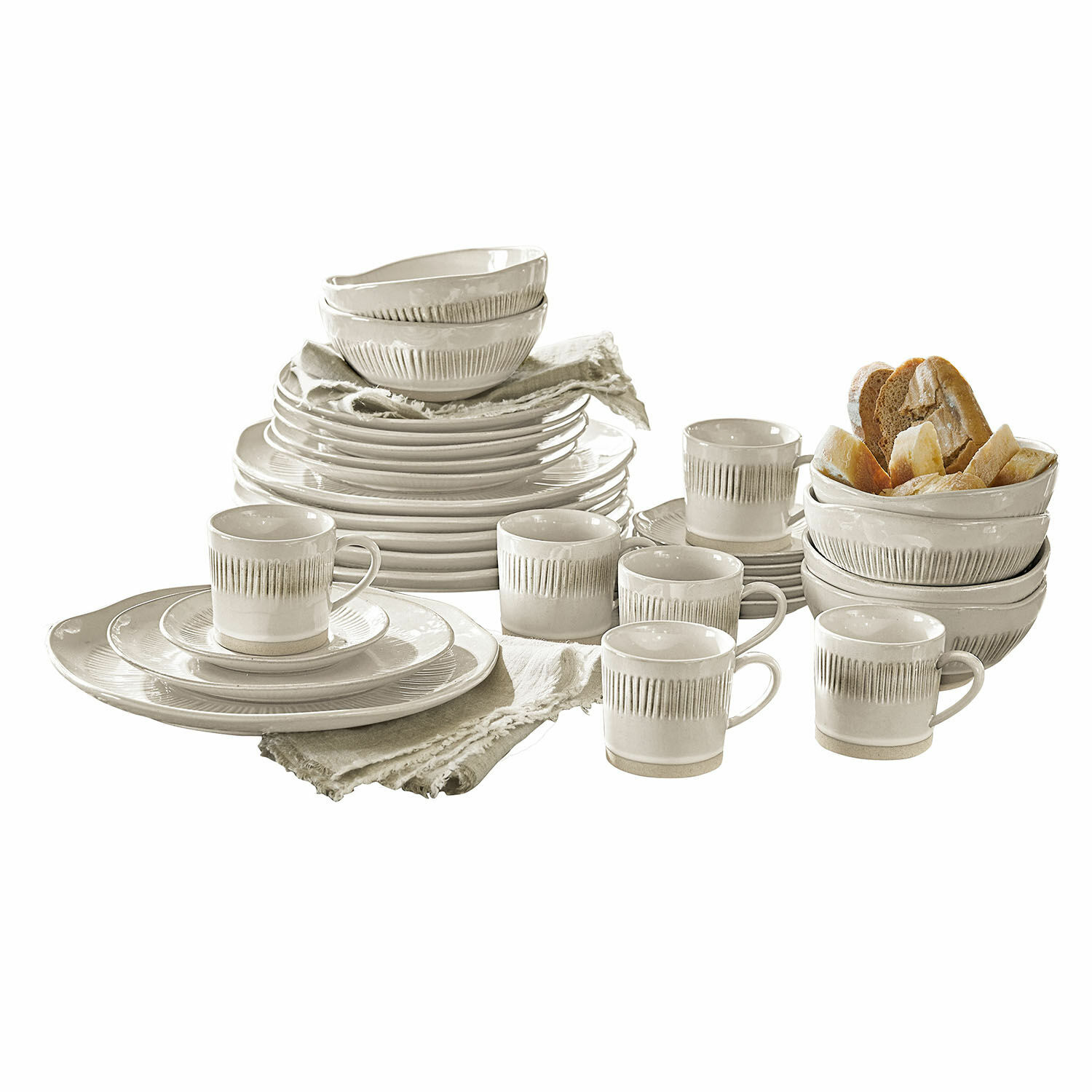 Servies set van 30 Périers Set crème keramisch servies met mokken en kommen, perfect voor dagelijks gebruik en tafeldecoratie