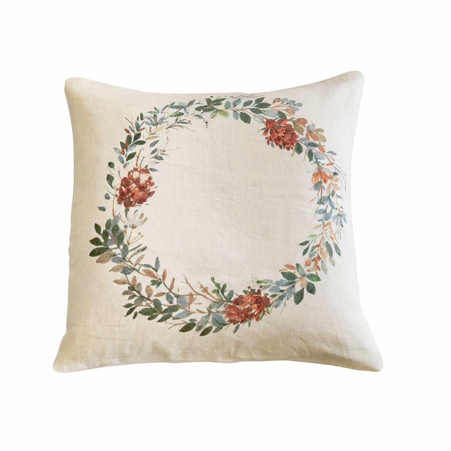Kussenhoes Torge Beige linnen kussen met decoratieve krans van bladeren en rode bloemen voor woonkamer