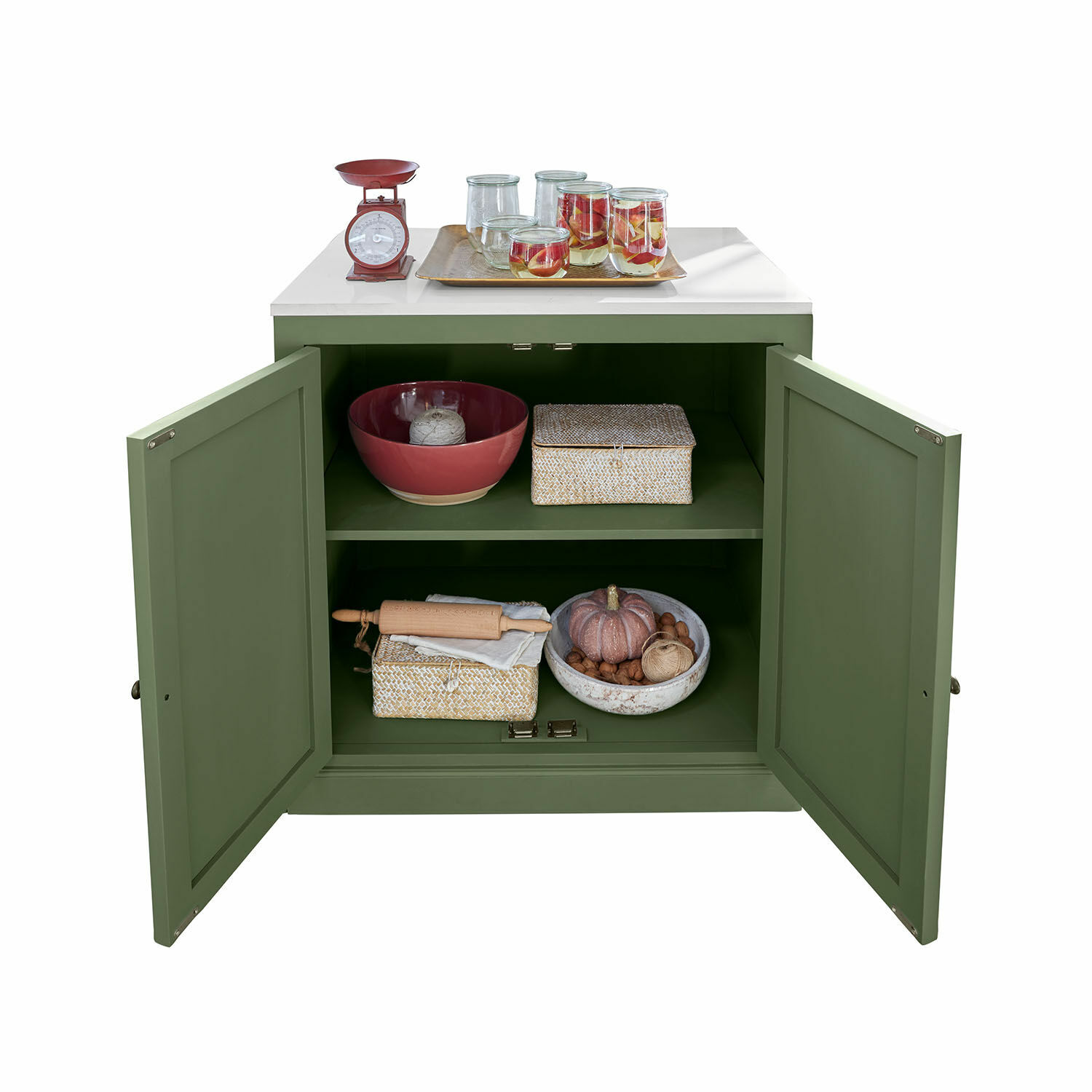 Keukenkast Lansbury Groene kast met wit blad, open deuren, kom, dozen en keukenaccessoires