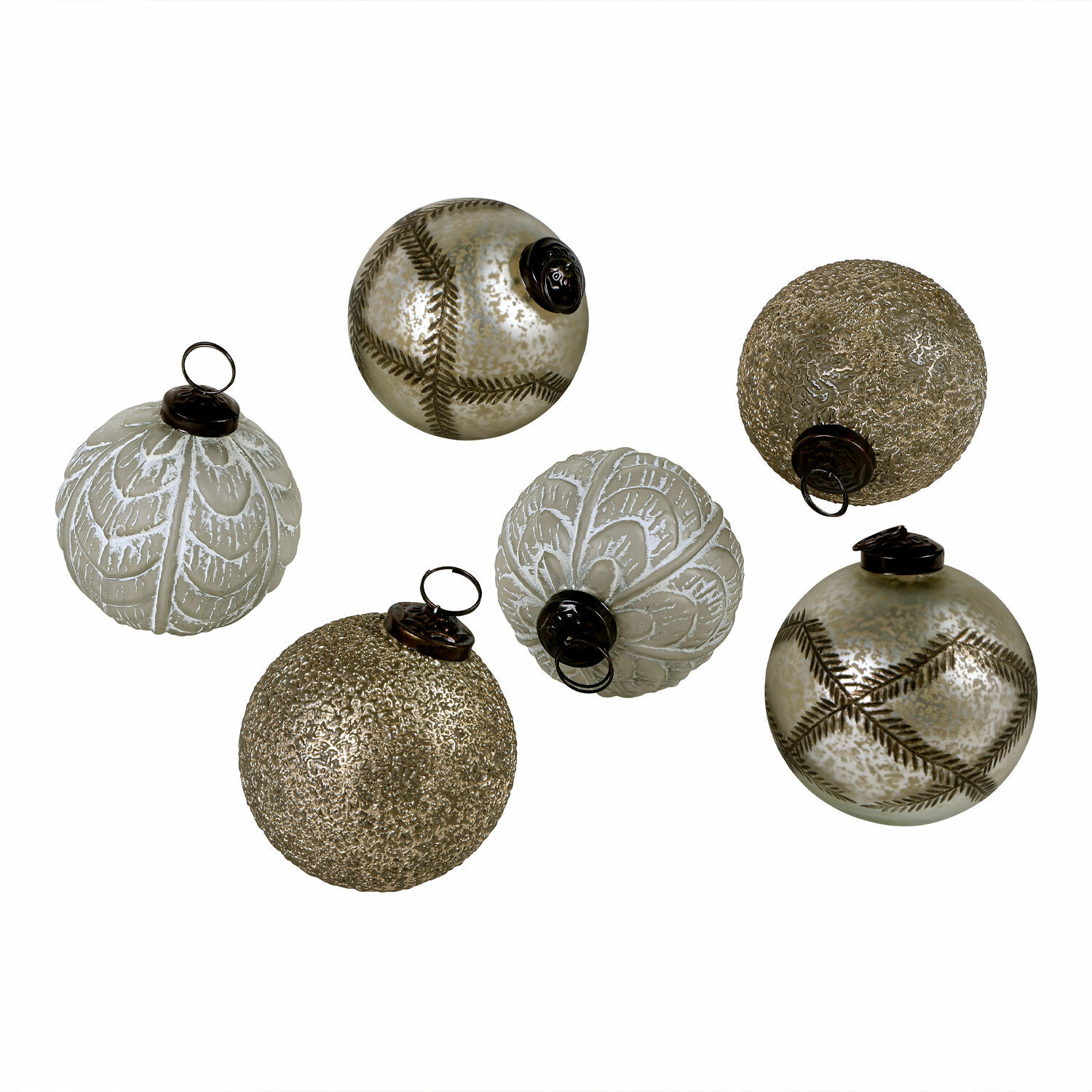 Kerstbal set van 6 Hélisande Set van zes decoratieve kerstballen in wit en goud met patronen en texturen
