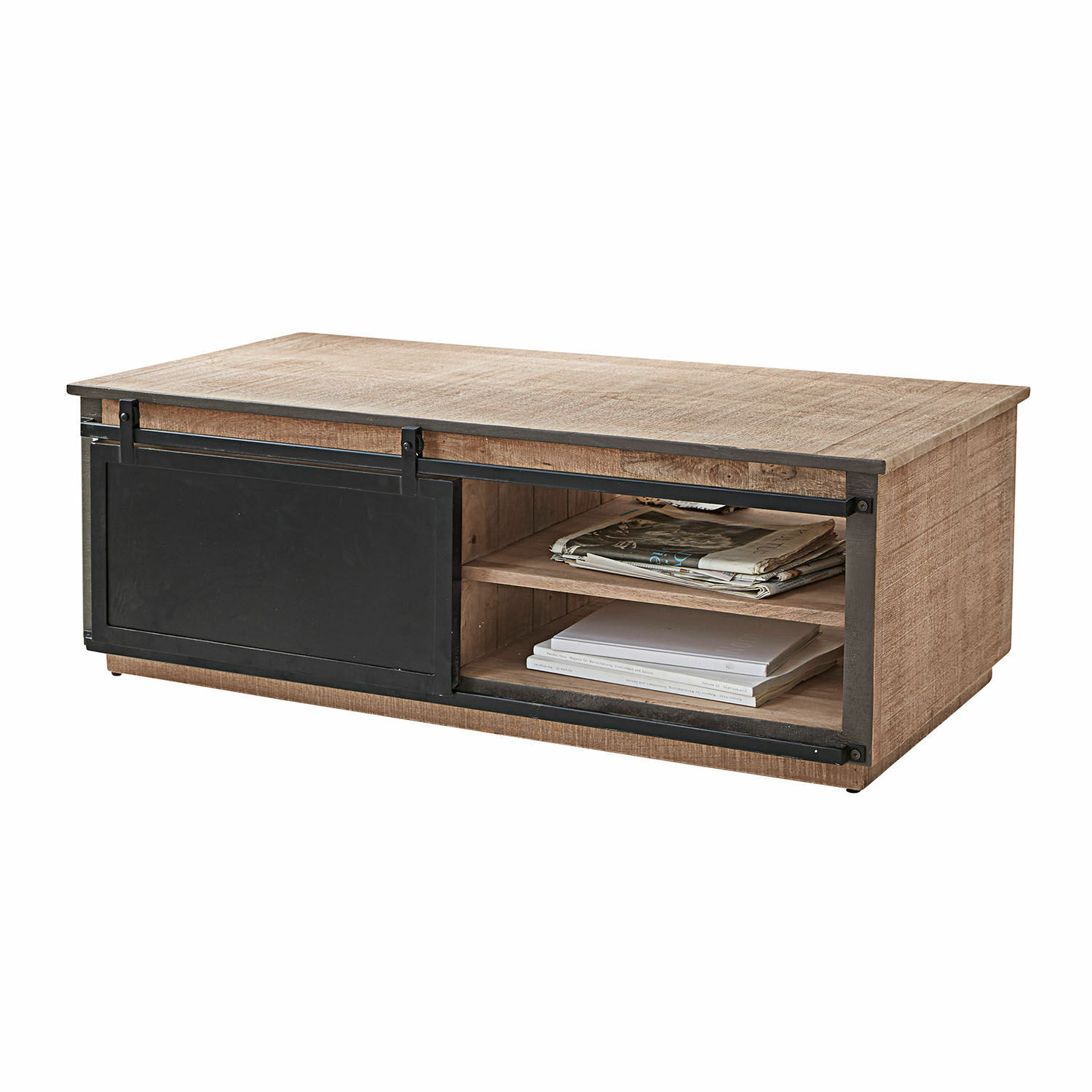 Salontafel van mangohout en zwart metaal met schuifdeuren en open opbergruimte