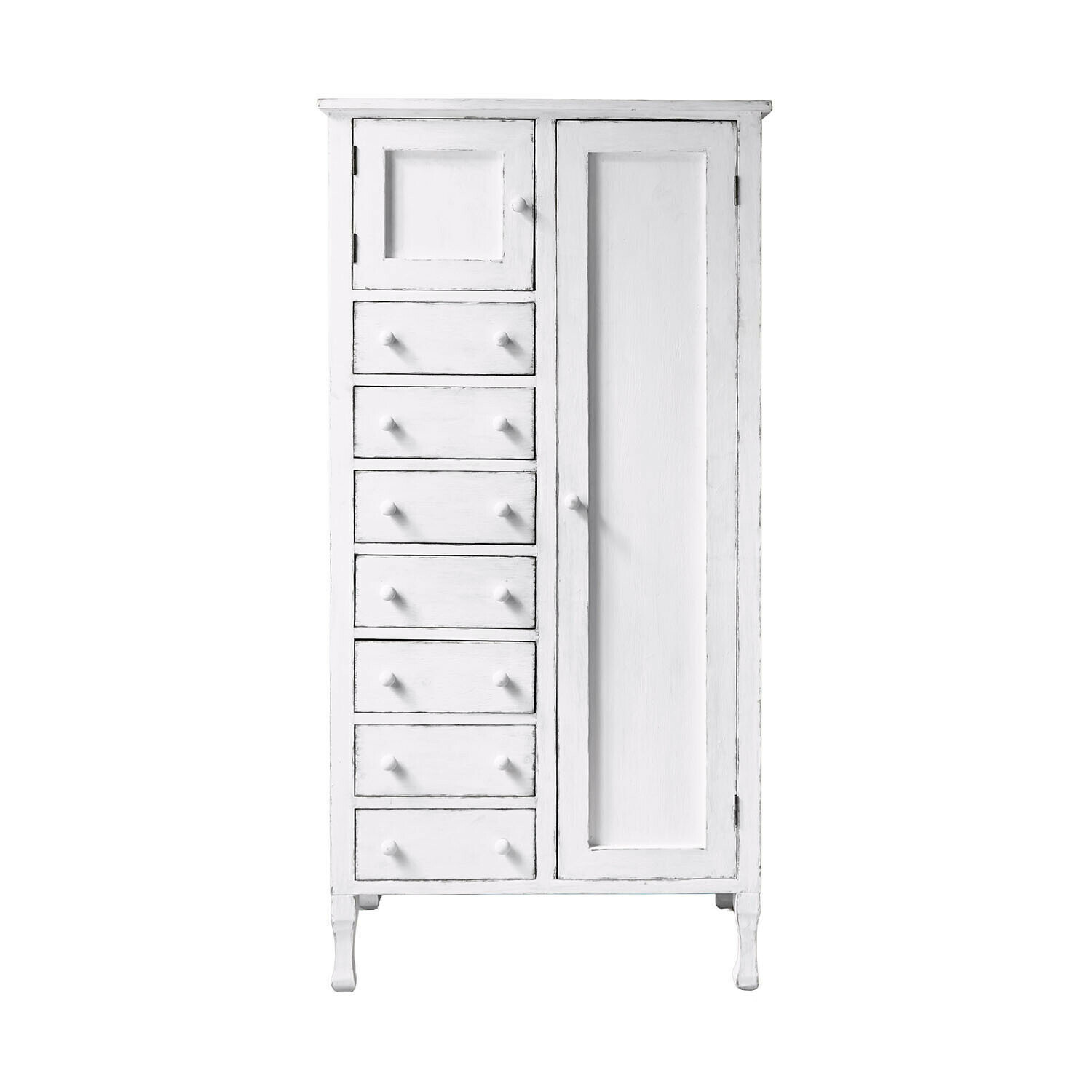 antiekwit Witte houten kast Amourien met lades en deur, vintage opbergmeubel