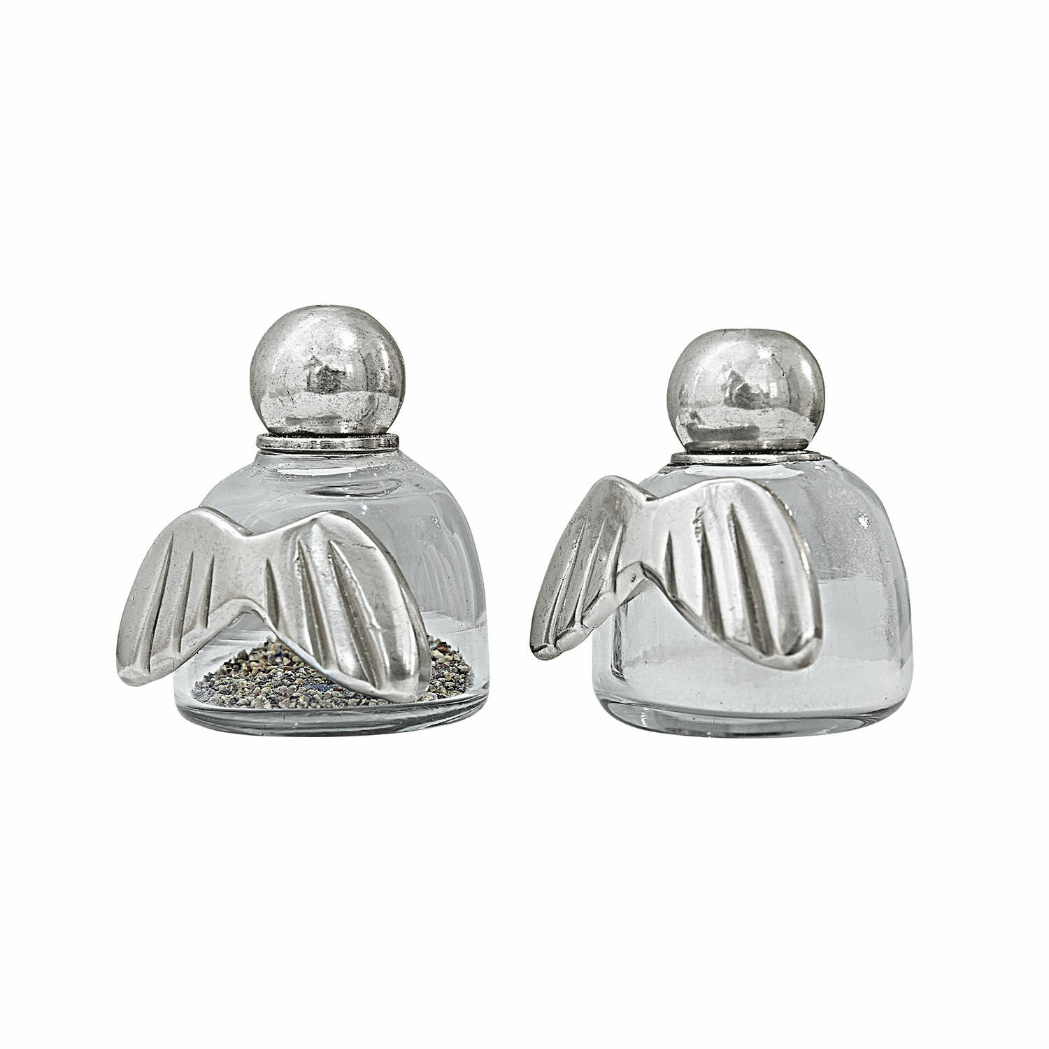 Peper- en zoutstrooier Yverelle Set van twee glazen zoutvaatjes met zilverkleurige metalen vleugels voor keuken