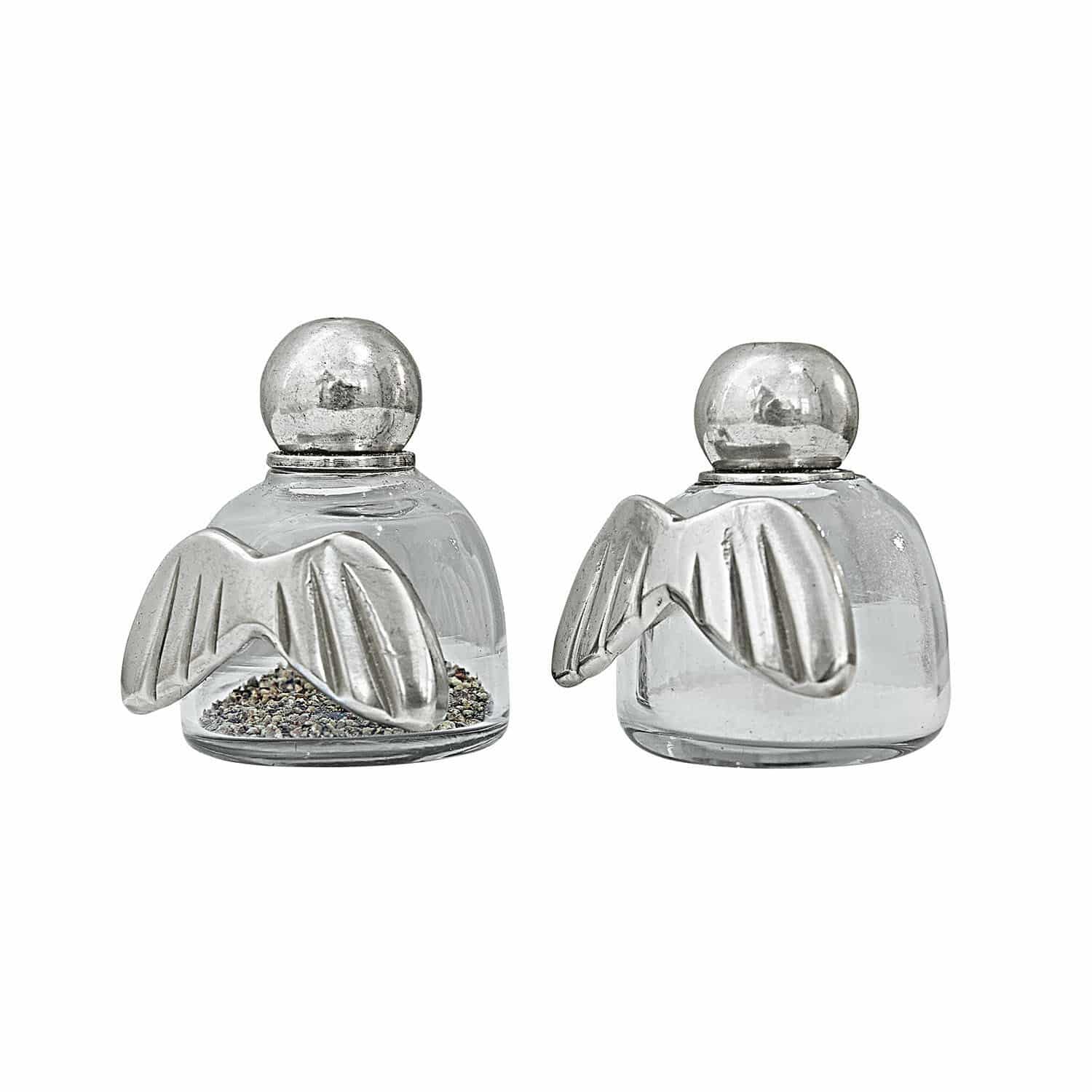 Peper- en zoutstrooier Yverelle Set van twee glazen zoutvaatjes met zilverkleurige metalen vleugels voor keuken