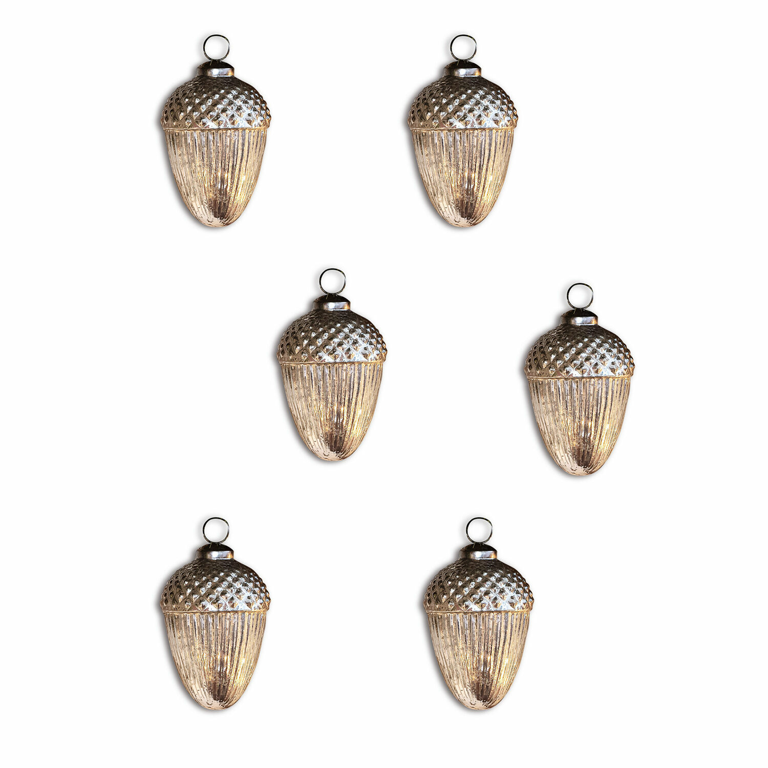 Kerstversiering set van 6 Gland Zes decoratieve glazen hangers in eikelvorm in zilver voor kerstdecoratie