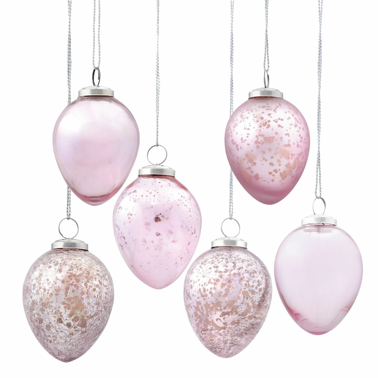 Set van 6 roze glazen paaseieren met ophangringen, decoratie voor lente en Pasen