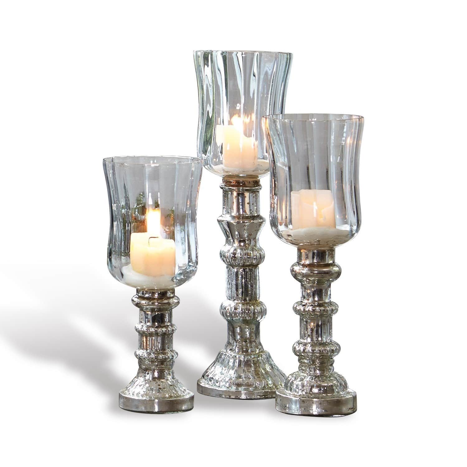 Windlicht set van 3 Fréjeville Set van drie glazen kandelaren met zilverkleurige metalen voet voor interieurdecoratie