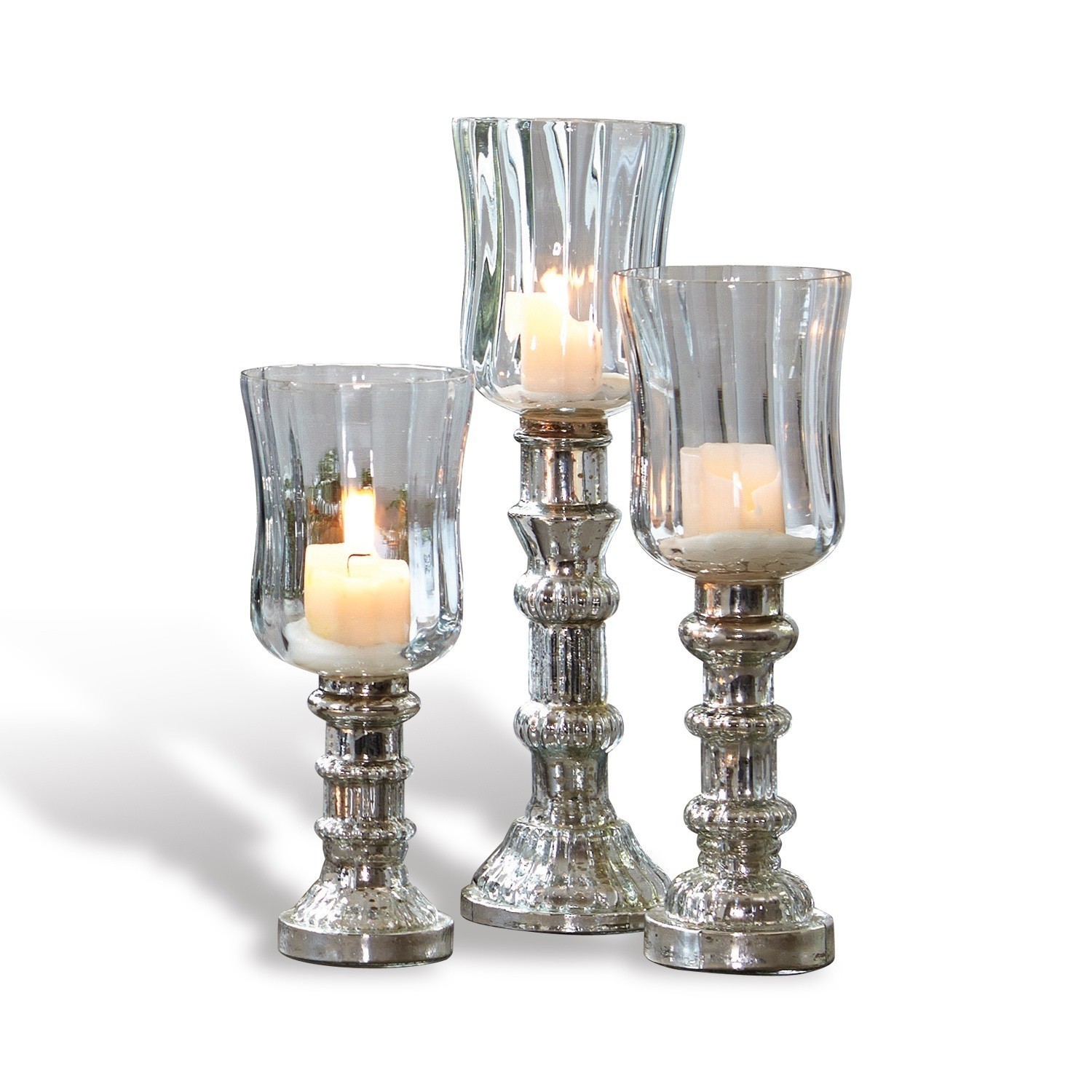 Windlicht set van 3 Fréjeville Set van drie glazen kandelaren met zilverkleurige metalen voet voor interieurdecoratie