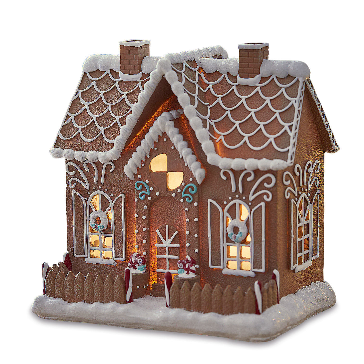 Decoratief peperkoekhuisje met verlichting, bruin met witte en gekleurde versieringen, kerstdecoratie