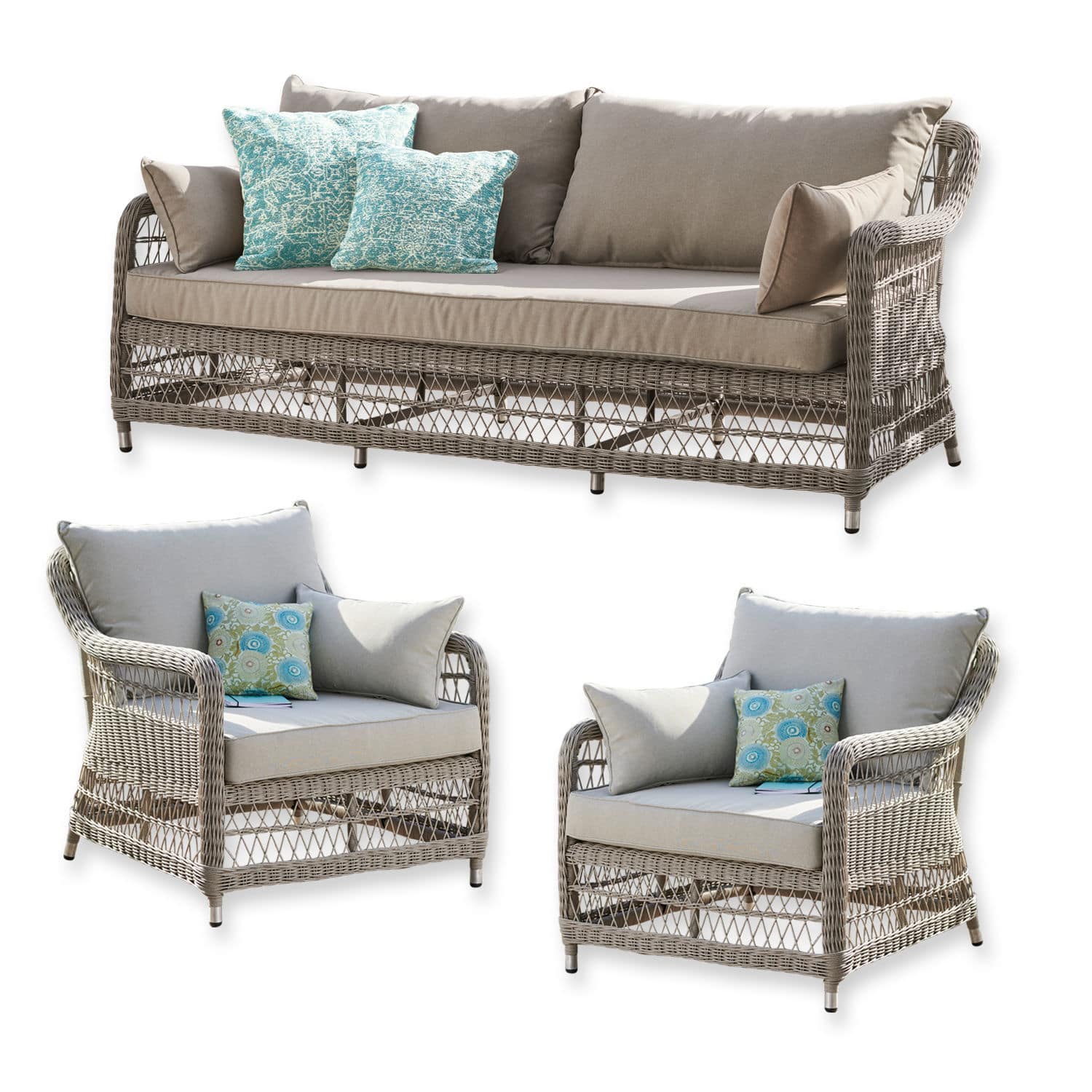 Tuinset Tanaiste Tuinmeubelset van grijs rattan met beige kussens en turquoise decoratieve kussens met patronen