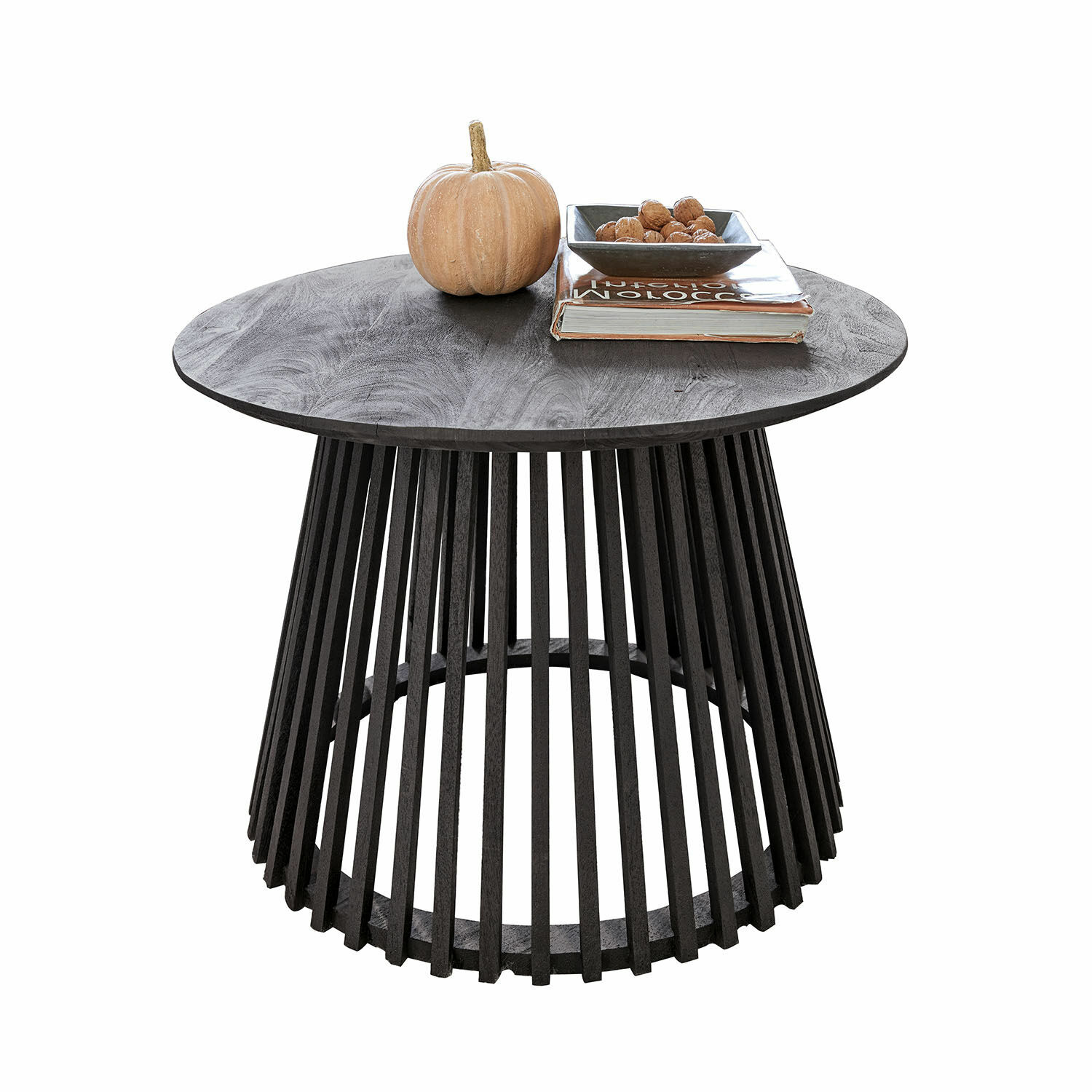 Salontafel Montaril Ronde salontafel van zwart hout met pompoendecoratie en boek, modern meubel voor woonkamer
