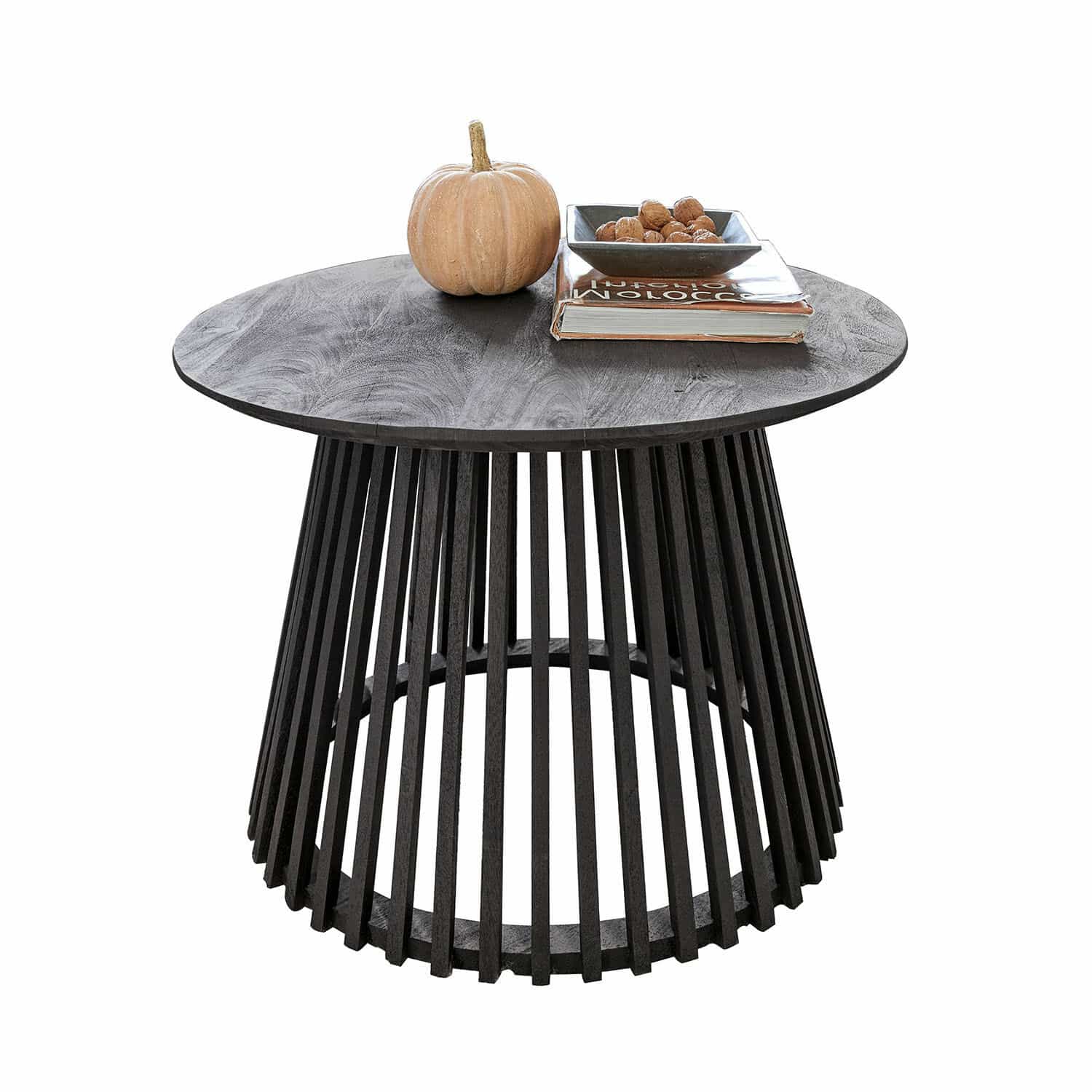Salontafel Montaril Ronde salontafel van zwart hout met pompoendecoratie en boek, modern meubel voor woonkamer