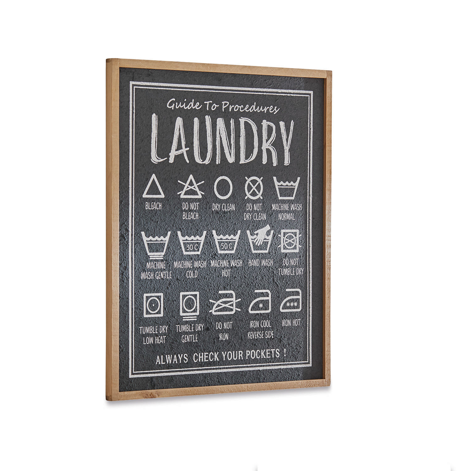 Decoboard Surrey Decoratief bord met wasinstructies op zwarte achtergrond en houten lijst voor wasruimte