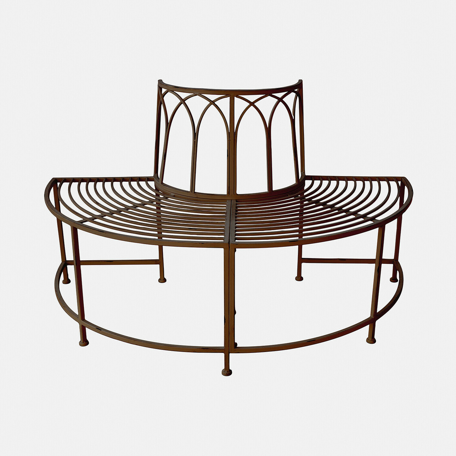 Ronde Sherburne bank van bruin metaal met decoratieve rugleuning, geschikt voor tuin en park