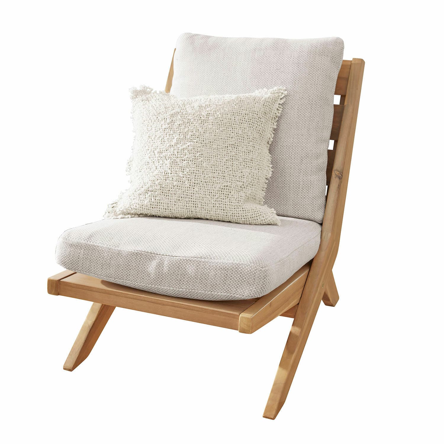Loungestoel FSC®-100% Montivaux Stoel van licht hout met crèmekleurig kussen en decoratief stoffen kussen, meubel voor woonkamer