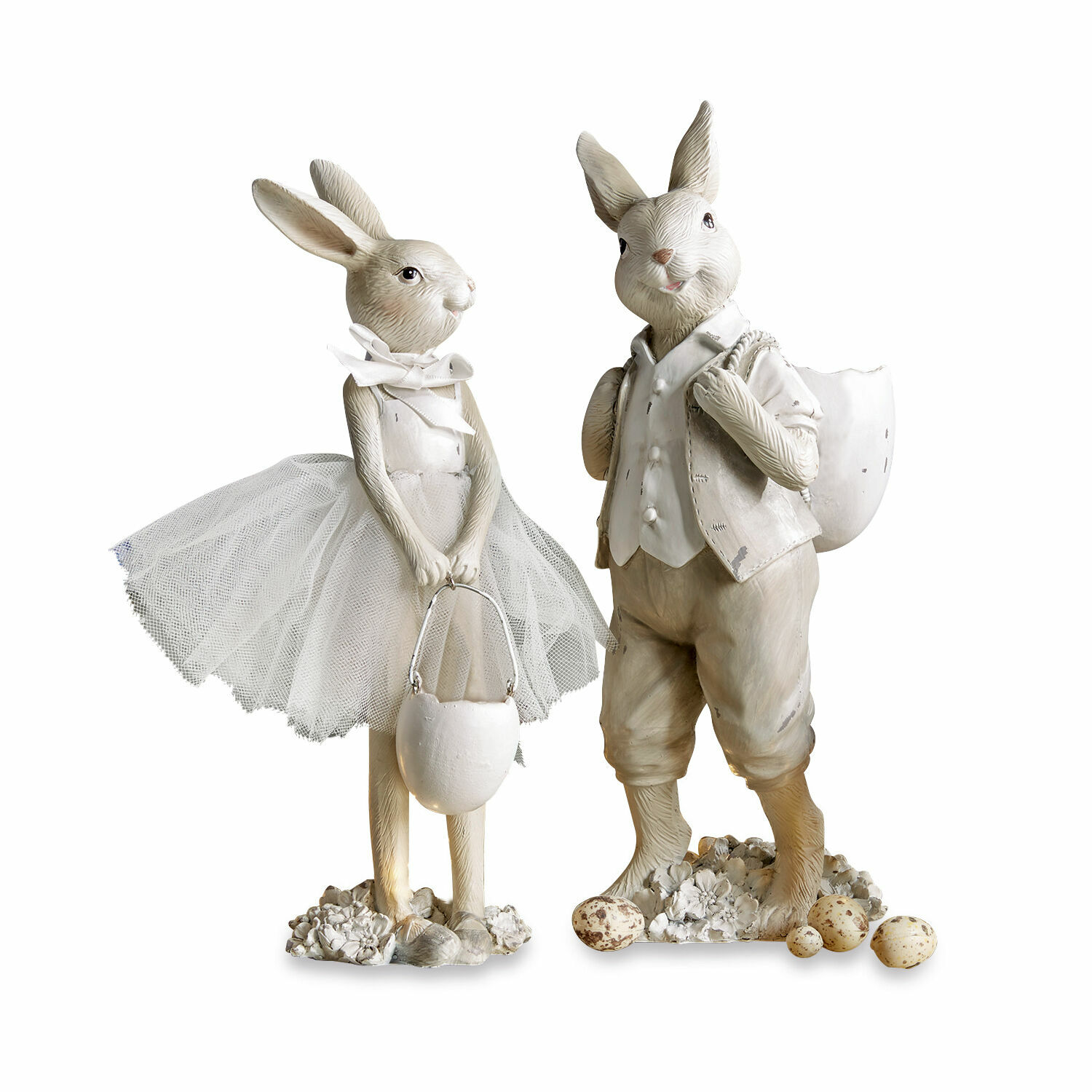Haas set van 2 Perpignan Konijnenfiguren van kunststof in beige kleding met tule rok en mandje voor paasdecoratie-eieren