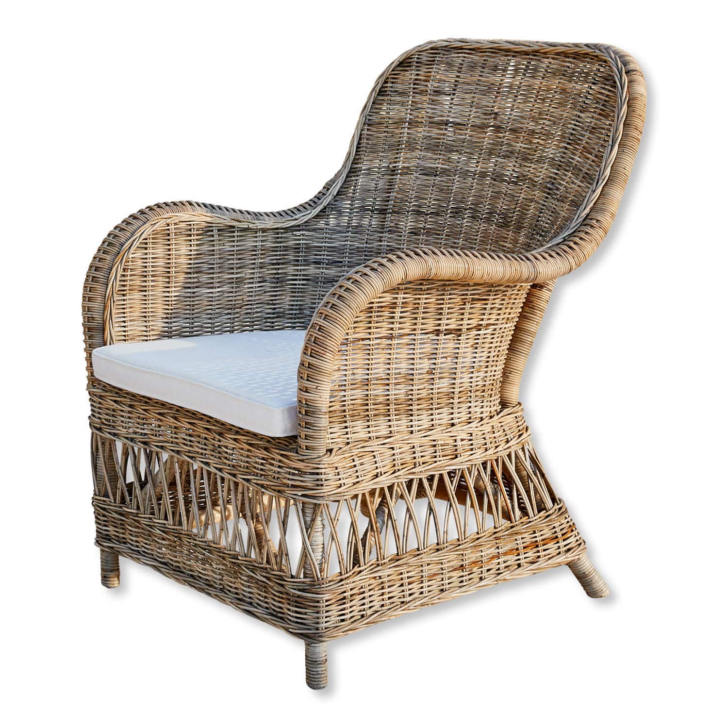 Fauteuil Chandevion Rotan stoel in natuurlijke kleur met wit kussen, geschikt voor woonkamer en tuin