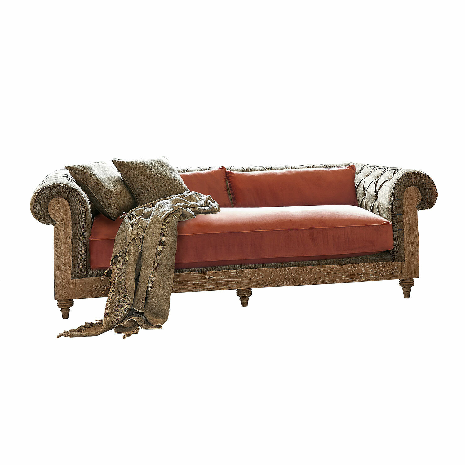 bruin/terracotta Kanani bank van bruine stof met terracotta kussens en houten frame, vintage stijl