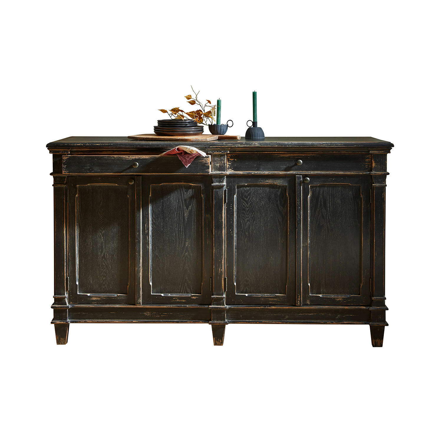 Dressoir Chaveline Zwarte houten dressoir met verweerd effect en vier deuren, vintage stijl voor woonkamer