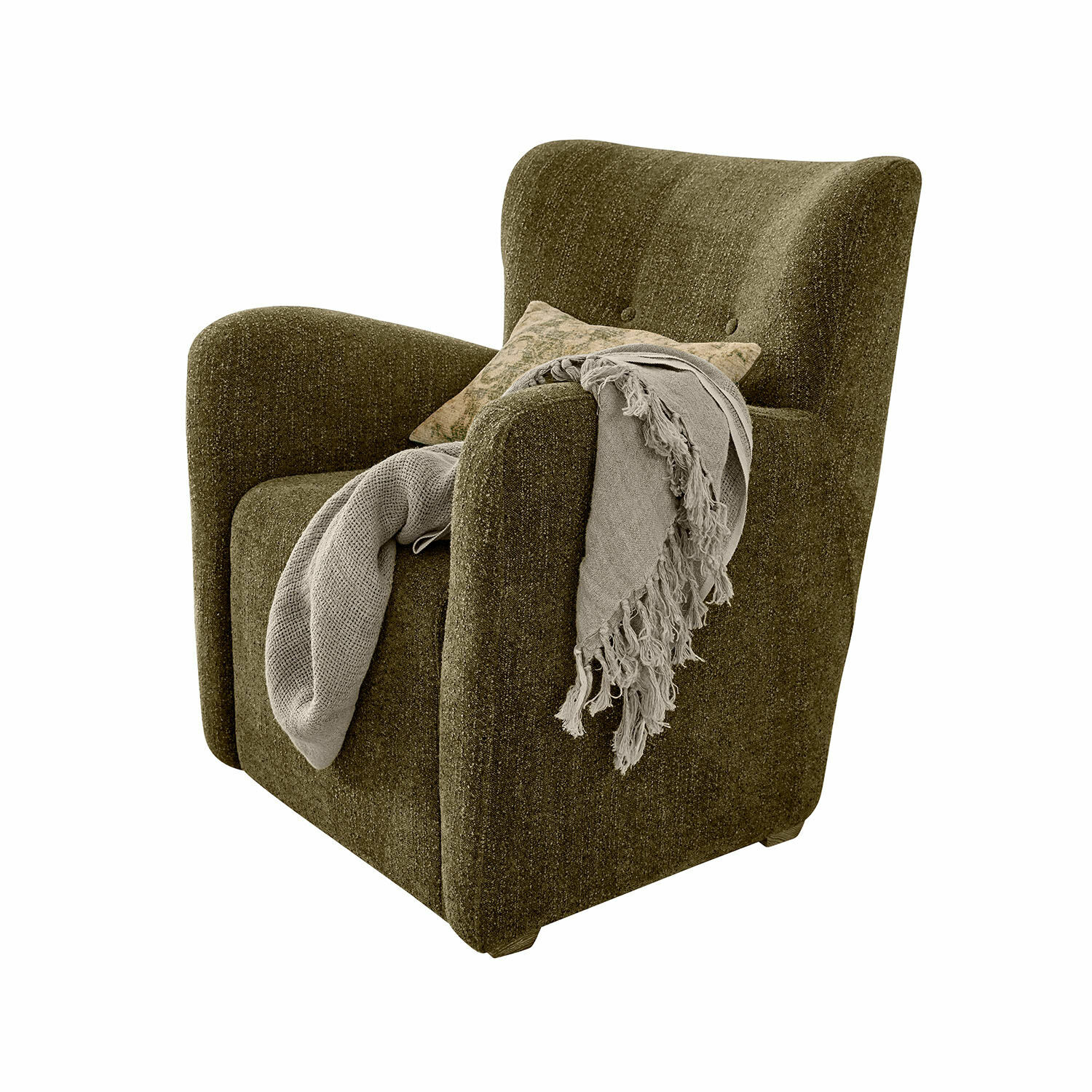 Groene gestoffeerde fauteuil van zachte stof met grijze plaid op de armleuning voor woonkamer