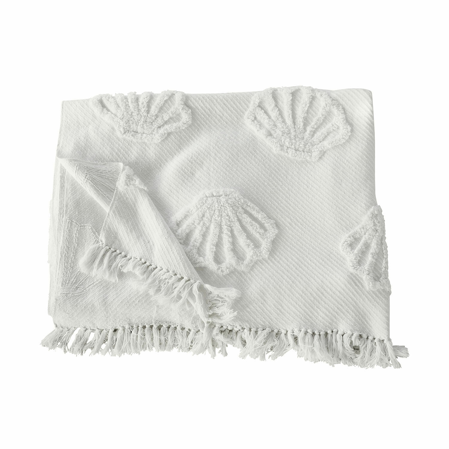 Plaid Saroufa Witte katoenen deken met schelpenmotief en franjes, zachte en decoratieve woontextiel