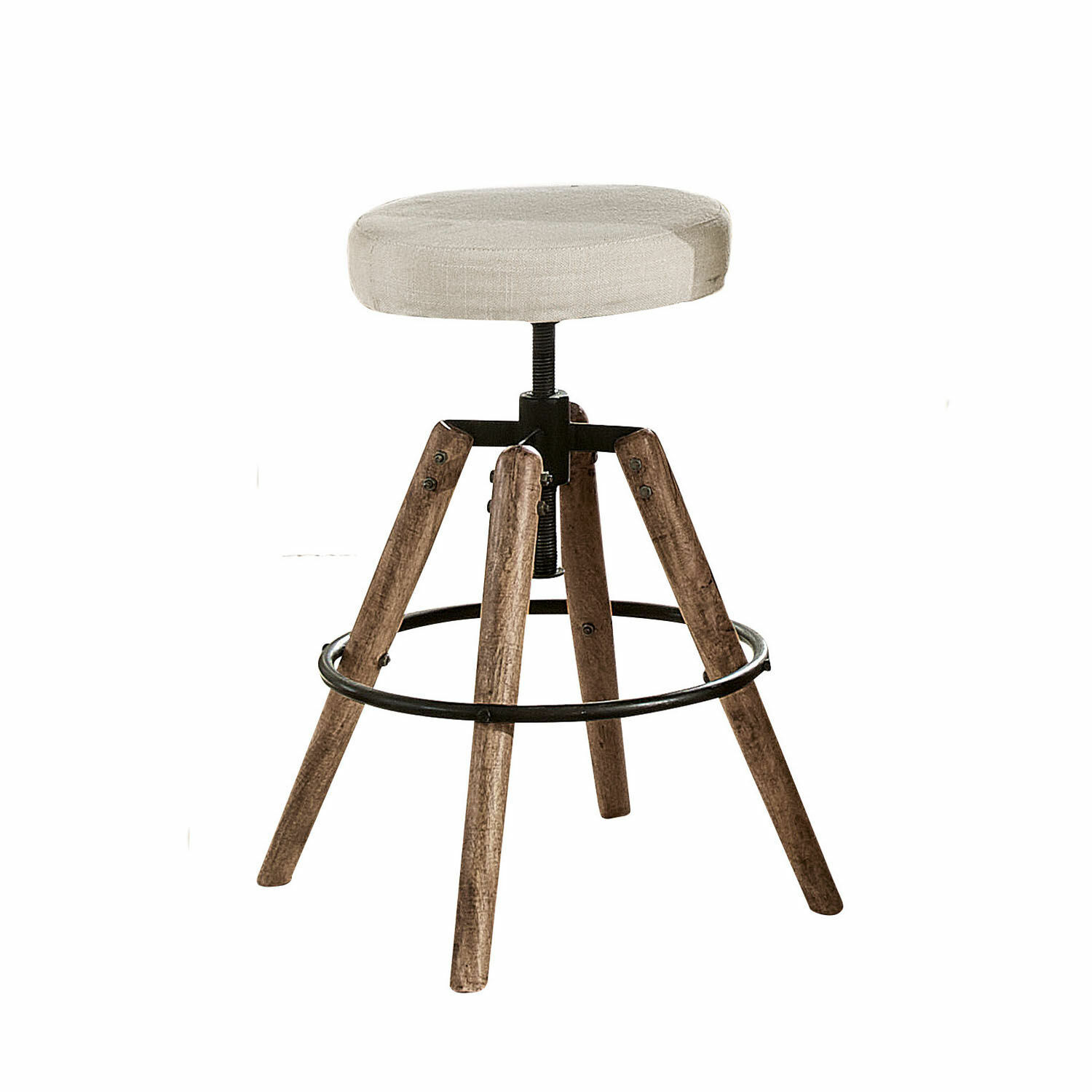 wit/bruin Kruk Twist met houten poten en wit gestoffeerde zitting, industrieel design