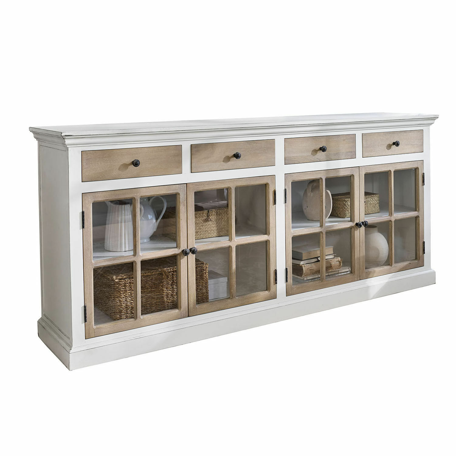 Witte houten dressoir met lades en glazen deuren in rustieke landelijke stijl