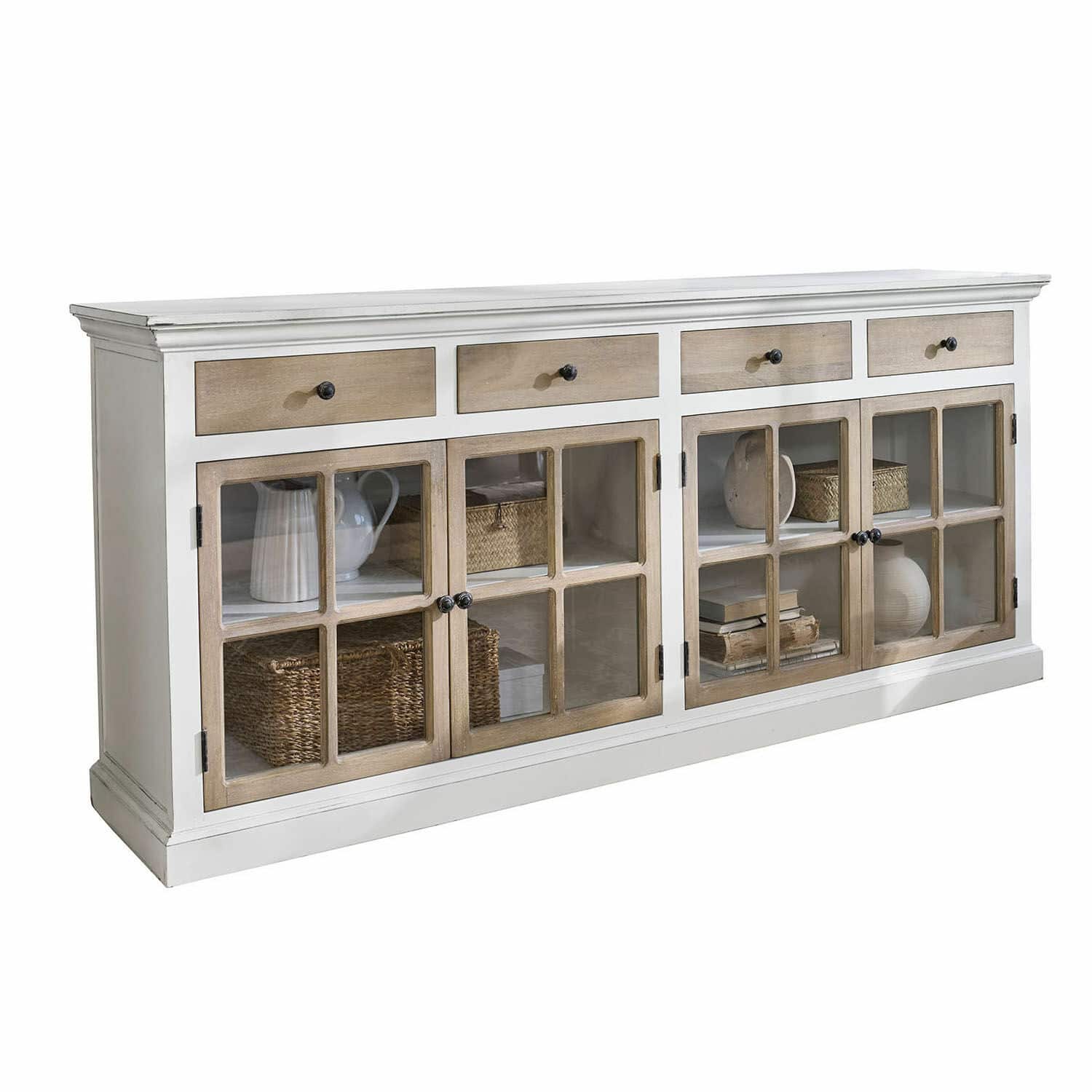 Lage kast Marshwood Witte houten dressoir met lades en glazen deuren in rustieke landelijke stijl