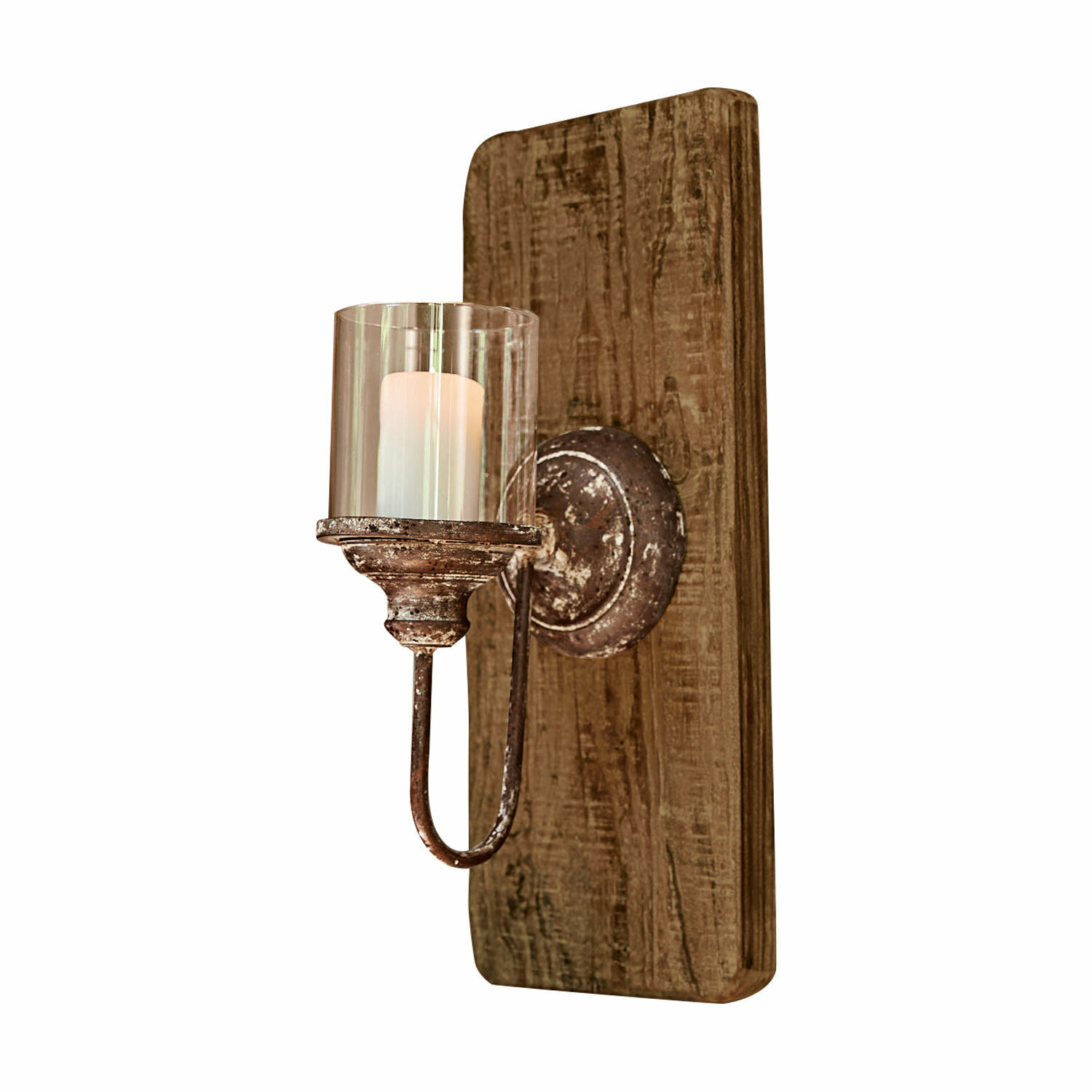 Wandkaarsenhouder Vios Rustieke wandlamp van hout en metaal in bruin met glazen kaarsenhouder