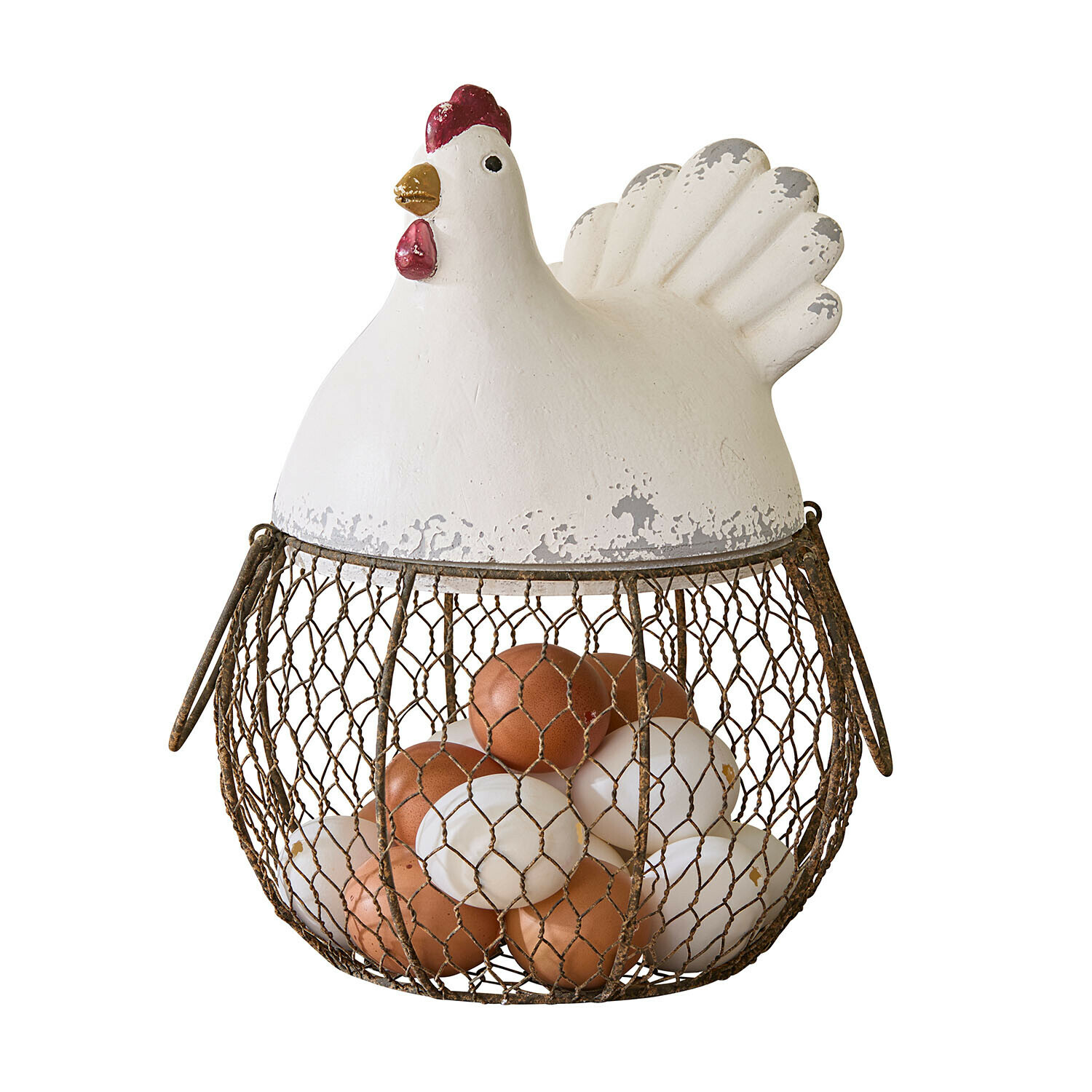 Metalen eiermand in de vorm van een witte kip met rode kam en roestige look, rustieke keukenaccessoire