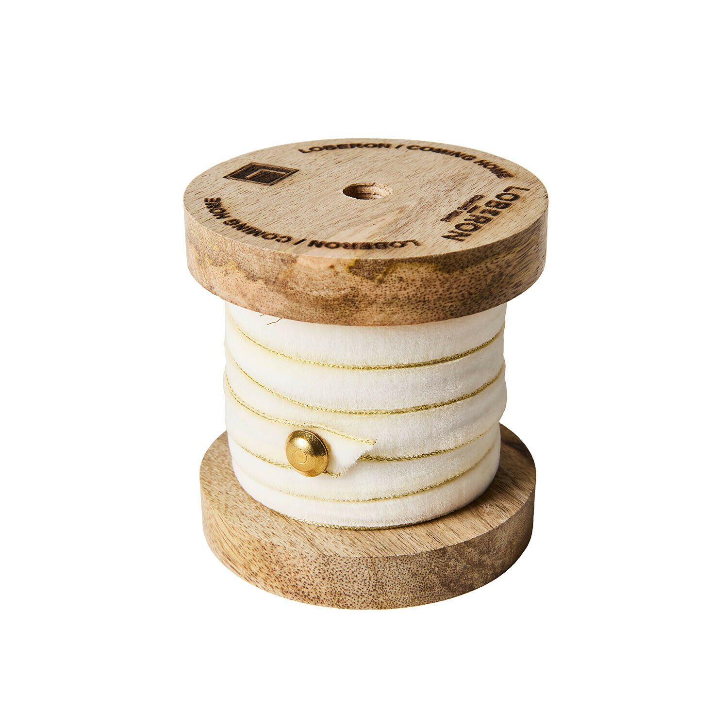 Fluwelen lint Sorima Houten klos met crèmekleurig fluwelen lint met fijne gouden streep voor decoratie