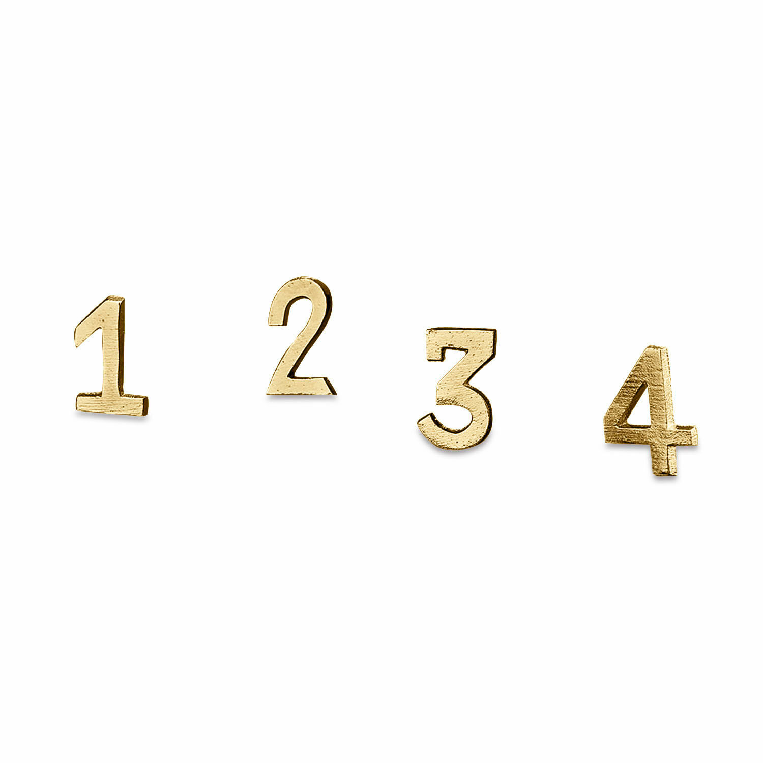 Set van 4 gouden decoratieve spelden in de vorm van cijfers 1, 2, 3 en 4 op witte achtergrond