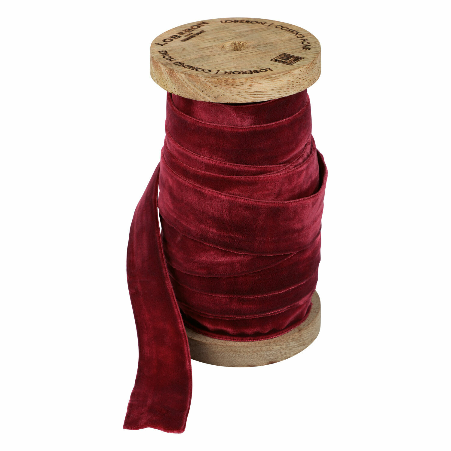 Fluwelen lint Andaris Rode fluwelen lint op houten spoel, geschikt voor decoratie en handwerk