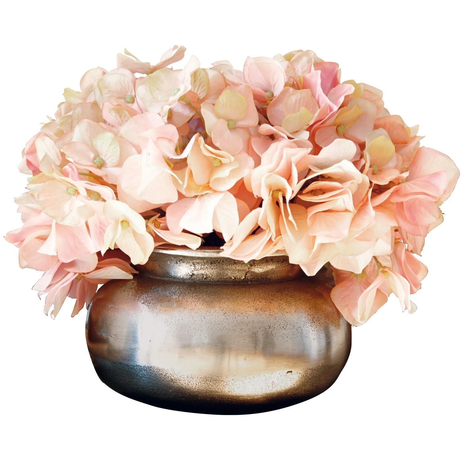 Decoratieve koperen vaas met roze hortensia bloemen voor interieurdecoratie