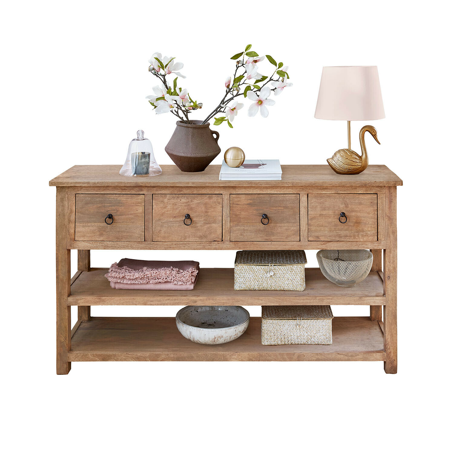 Wandtafel Montavelle Houten sidetable met vier lades, decoratieve lamp en vaas met witte en roze bloemen