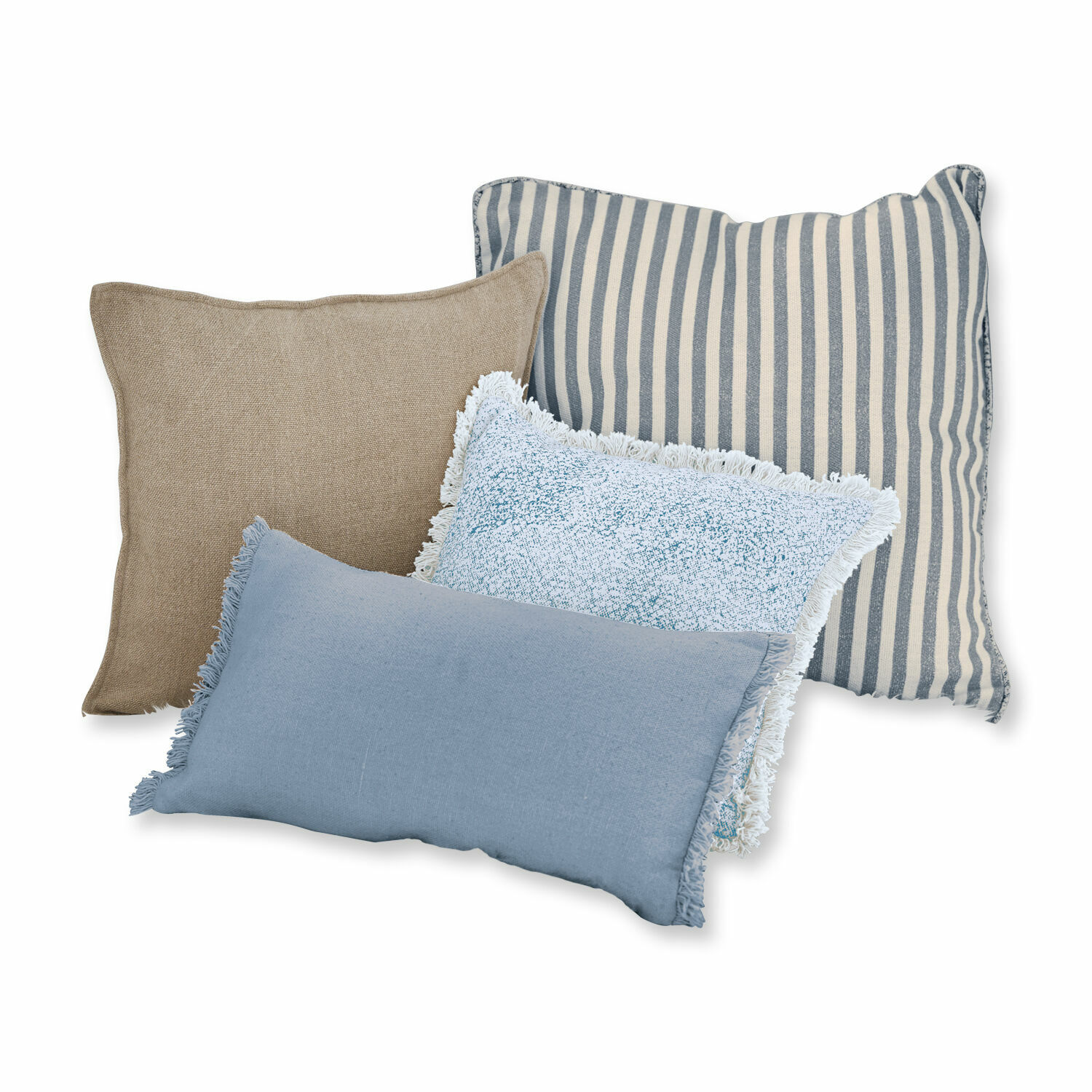 blauw Set van 4 Valenciennes kussens in blauw- en beigetinten, decoratieve woontextiel voor de bank