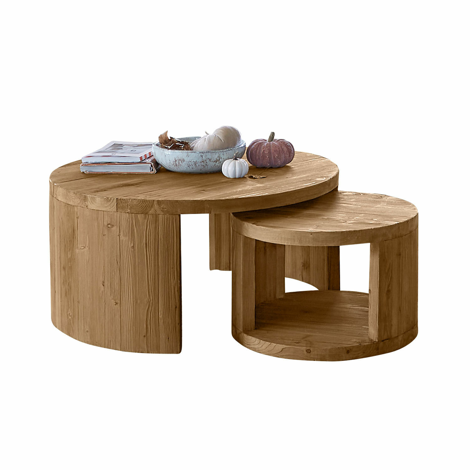 Salontafel set van 2 Torivine Set van twee ronde houten salontafels in natuurlijke kleur voor woonkamer