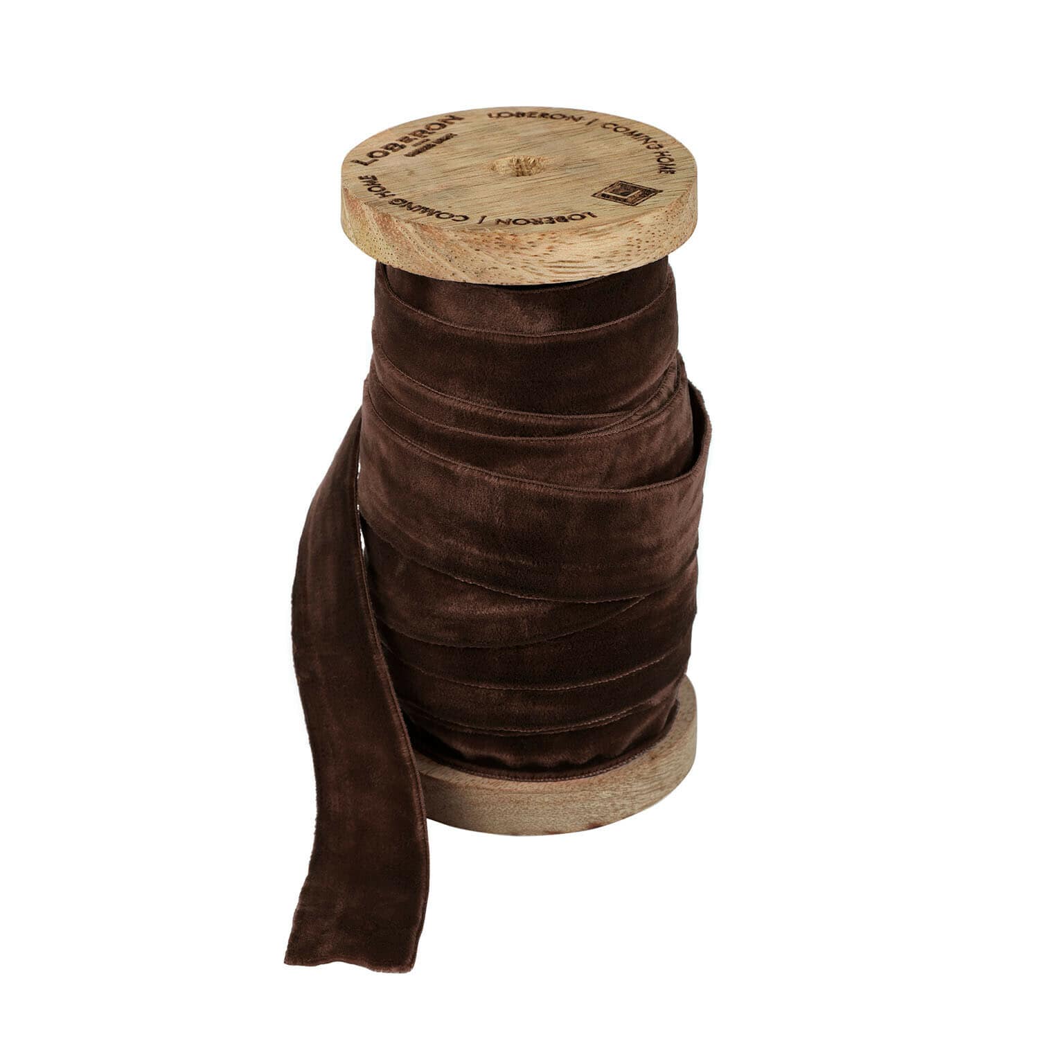 Fluwelen lint Andaris Bruine fluwelen lint op houten spoel, geschikt voor decoratie en handwerk