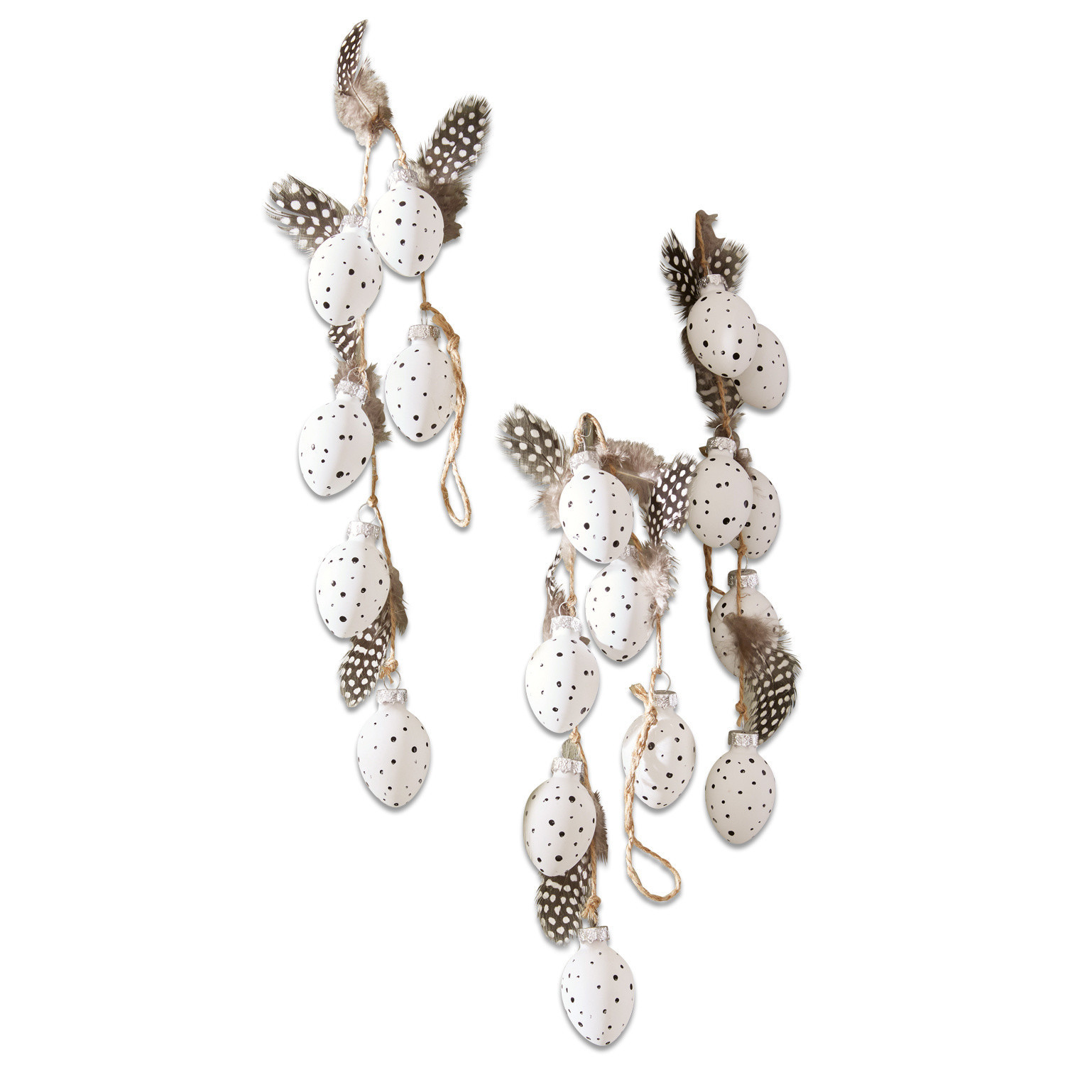 Guirlande set van 3 Prina Decoratieve witte eieren met zwarte stippen en veren aan touw, lente hangdecoratie