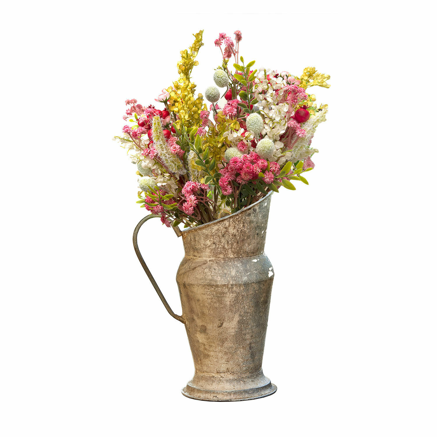 Rustieke metalen kan met kleurrijke gedroogde bloemen voor interieurdecoratie