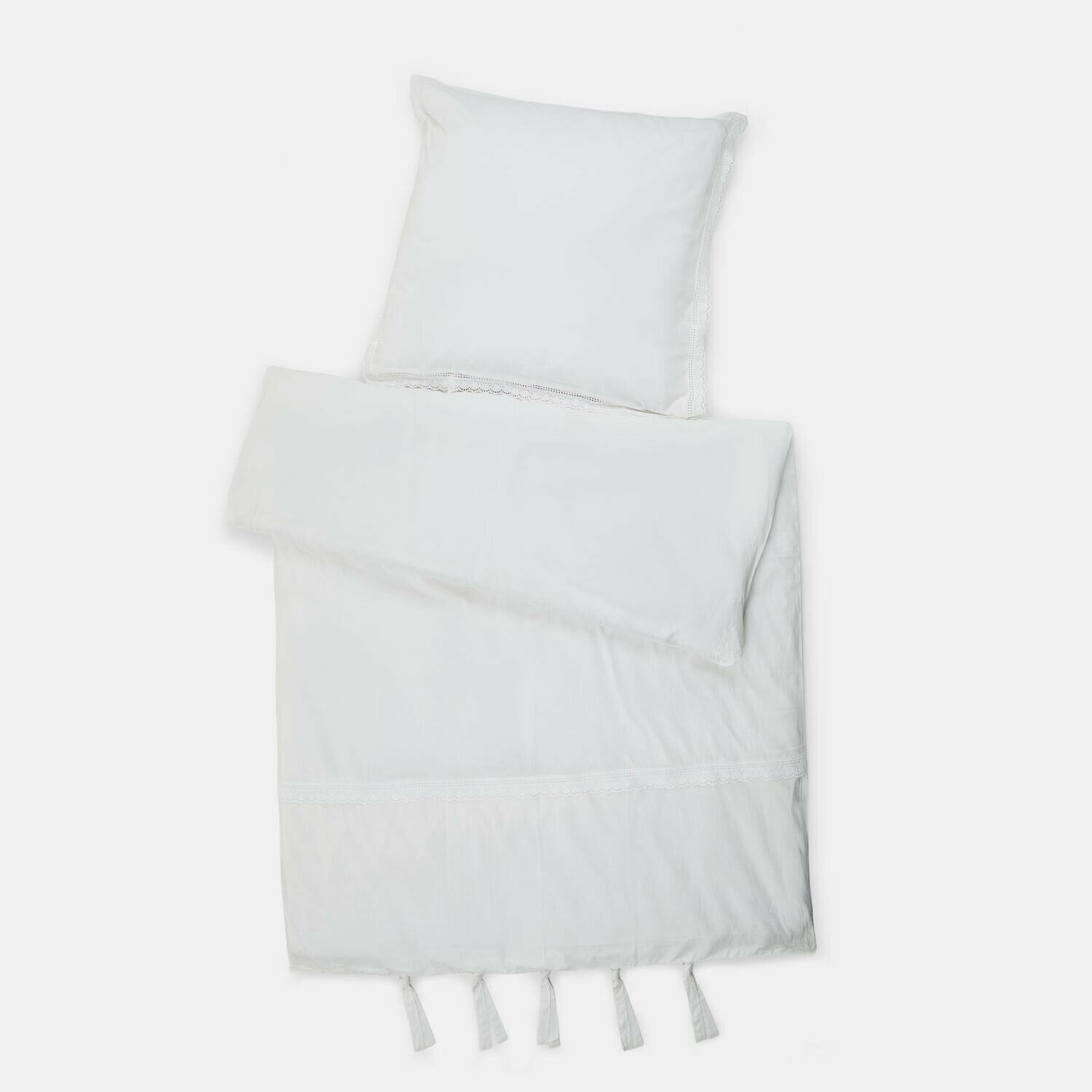 Beddengoed Lélomiane Witte katoenen beddengoed met kanten rand en decoratieve kwastjes aan de onderkant