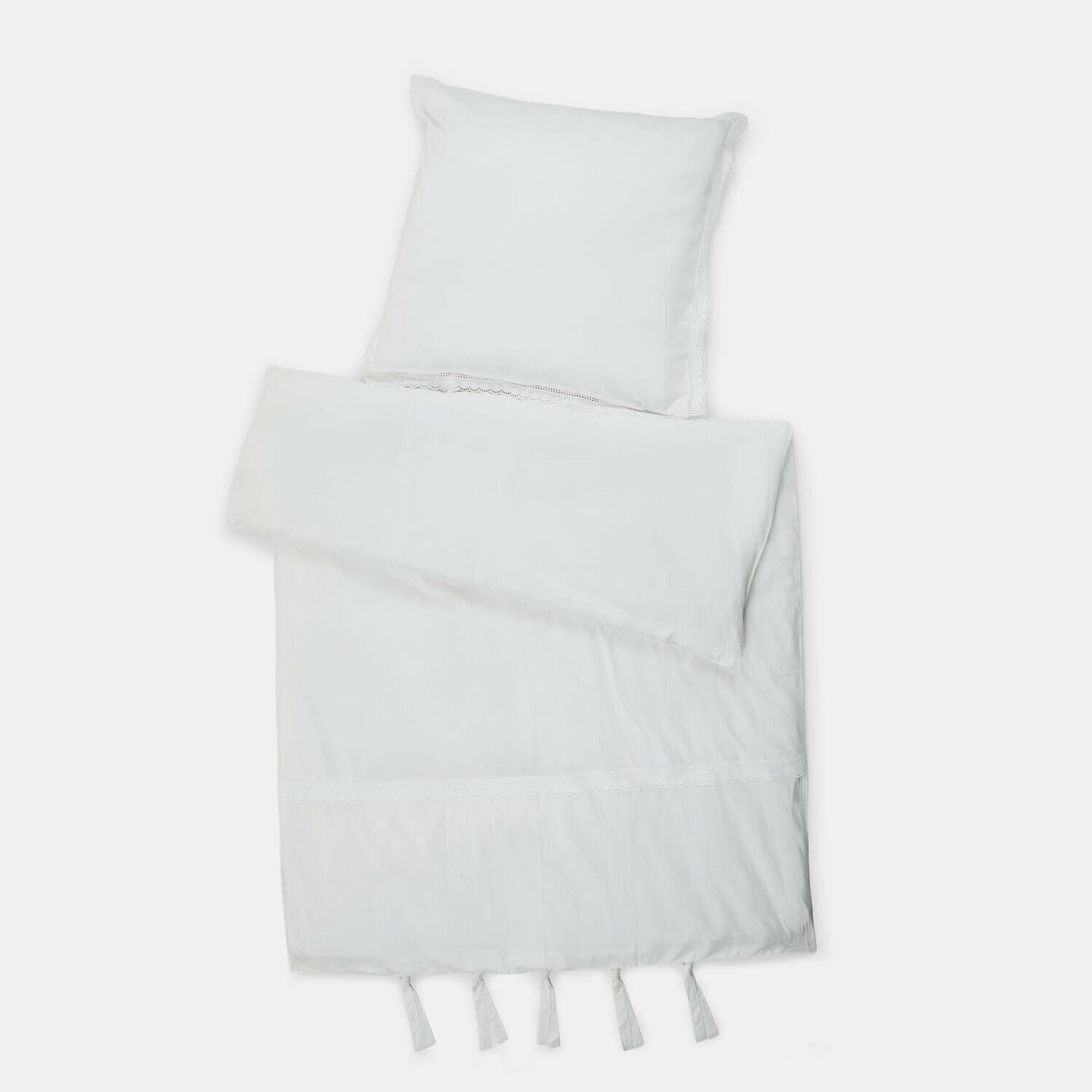 Beddengoed Lélomiane Witte katoenen beddengoed met kanten rand en decoratieve kwastjes aan de onderkant